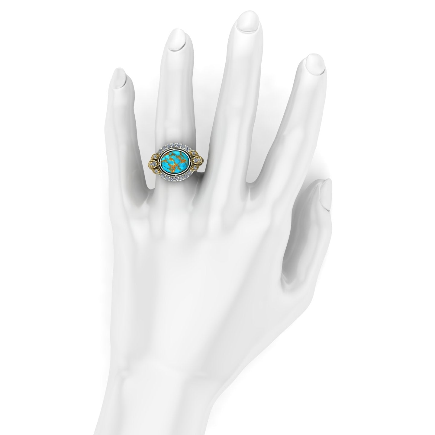 bezel set oval turquoise two tone ring in 14k yellow and white gold - Charles Babb Designs - on hand