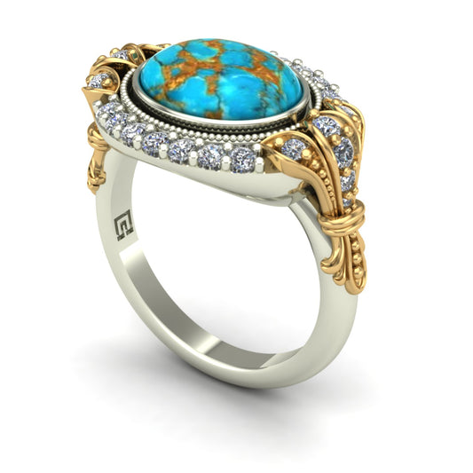 bezel set oval turquoise two tone ring in 14k yellow and white gold - Charles Babb Designs