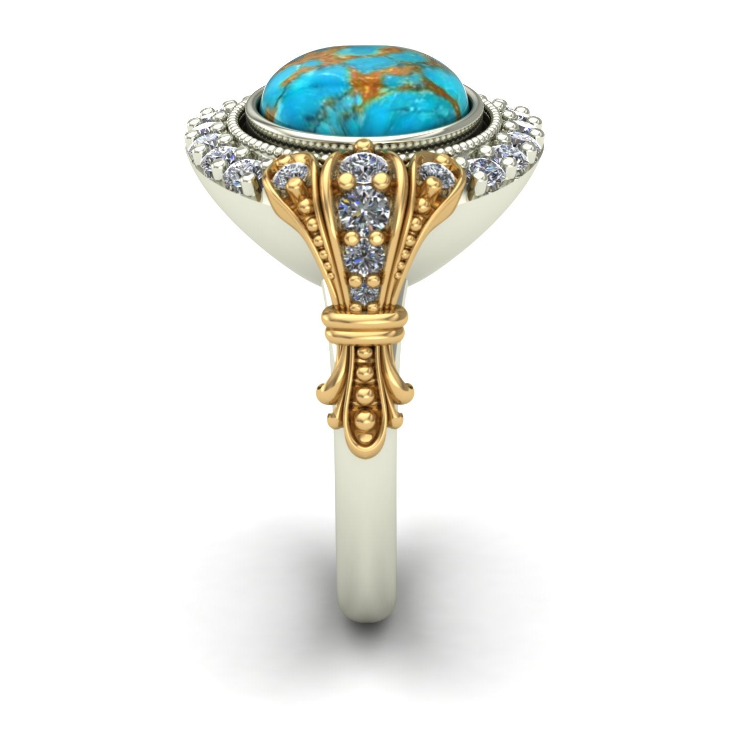 bezel set oval turquoise two tone ring in 14k yellow and white gold - Charles Babb Designs - side view