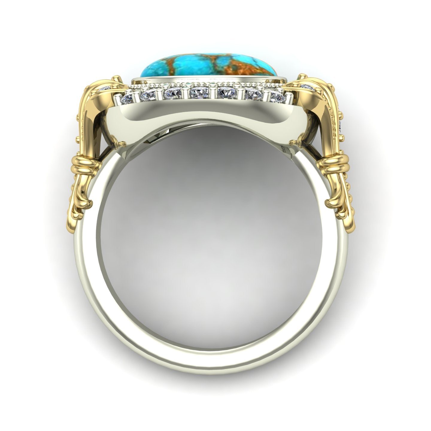 bezel set oval turquoise two tone ring in 14k yellow and white gold - Charles Babb Designs - through finger view