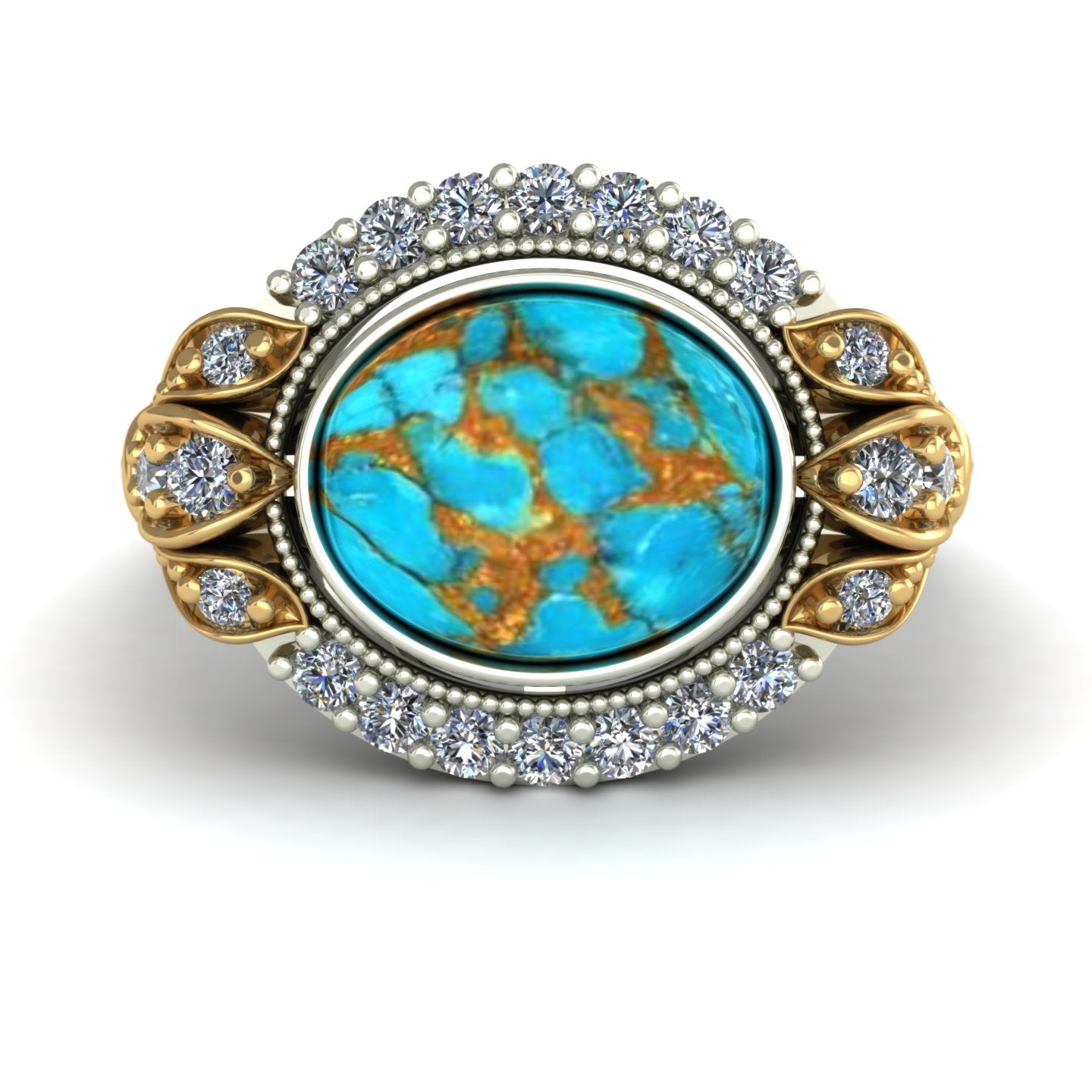 bezel set oval turquoise two tone ring in 14k yellow and white gold - Charles Babb Designs - top view