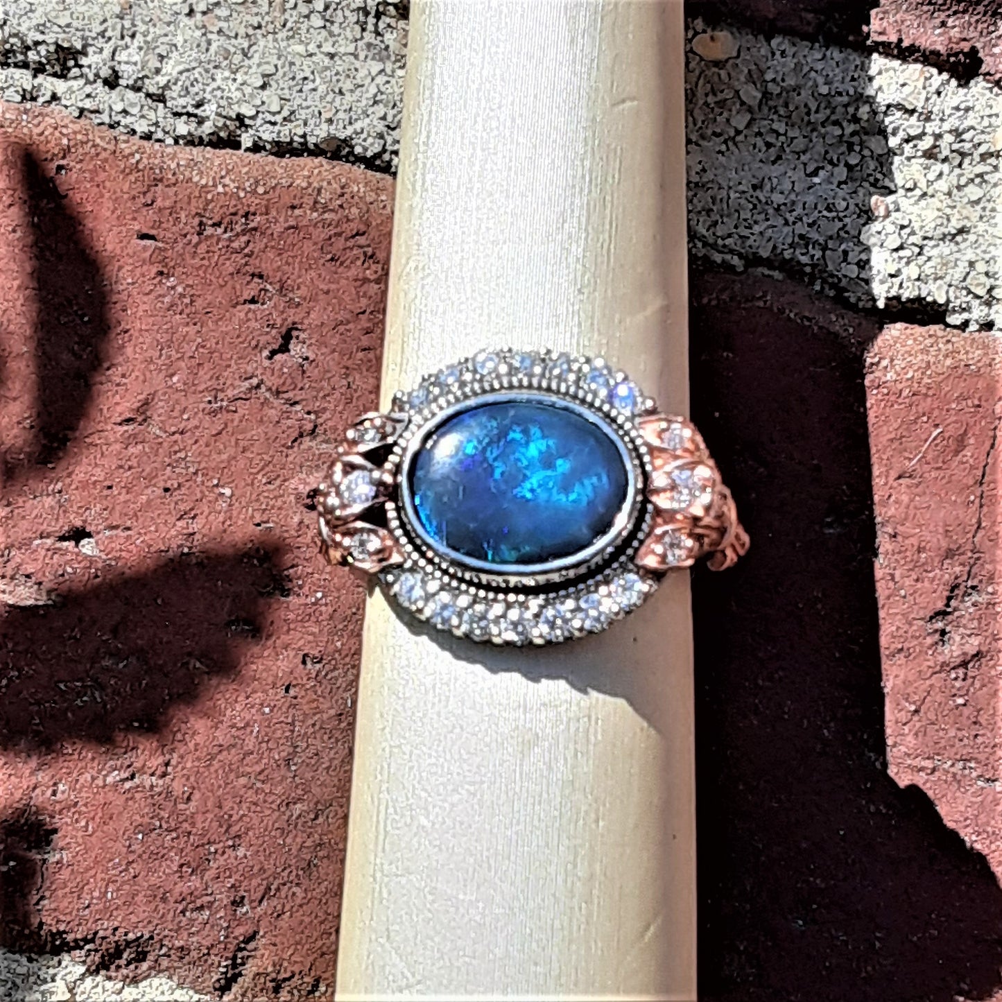 Ready to ship Black Opal and diamond ring in 14k rose and white gold