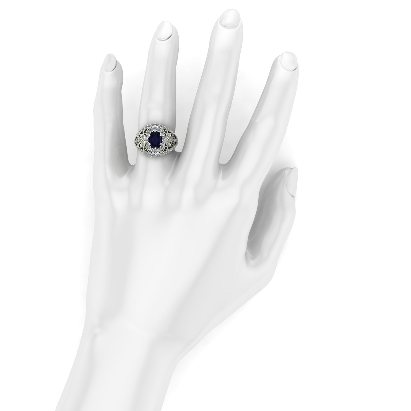 oval blue sapphire and diamond dome ring in 14k white gold - Charles Babb Designs - on hand