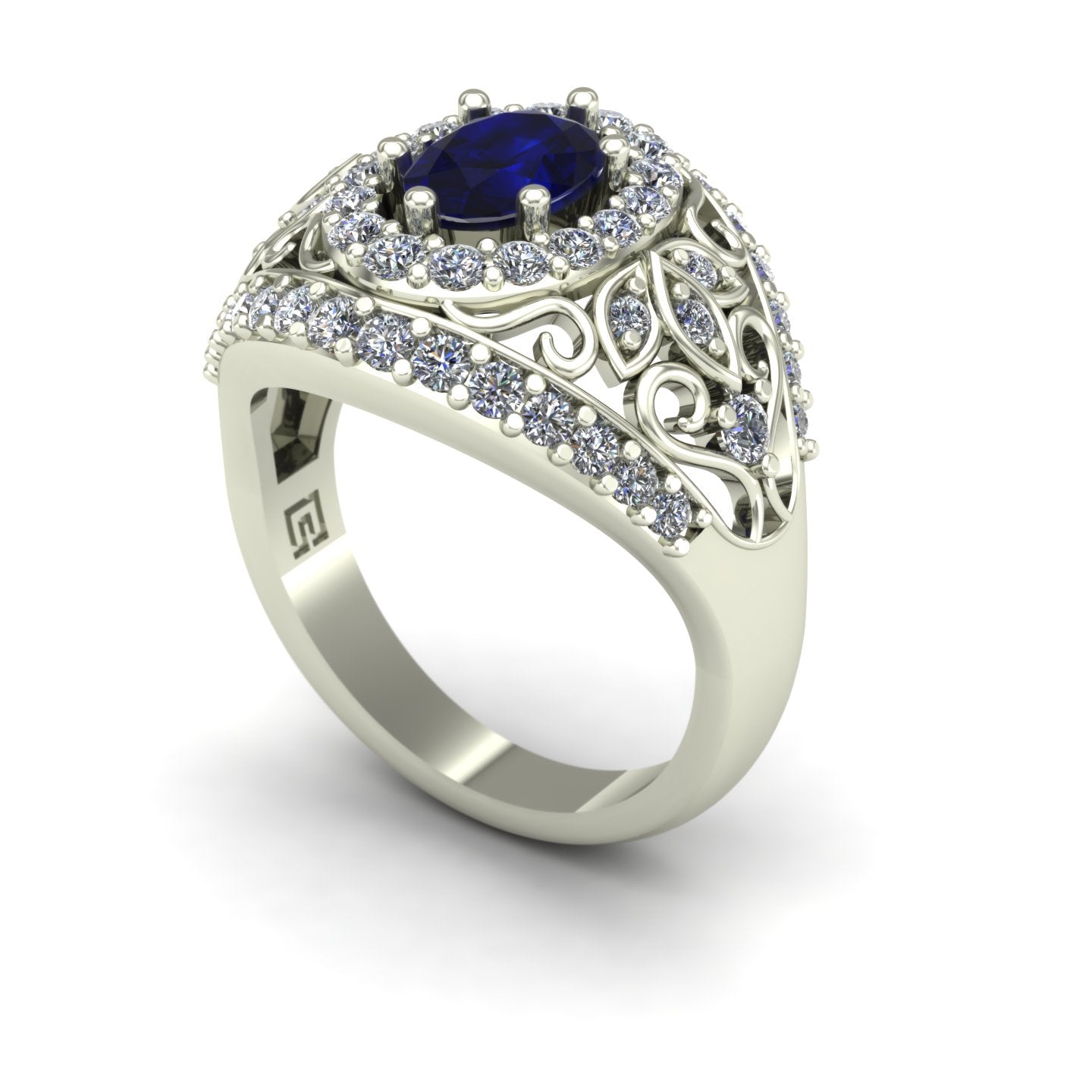 Blue sapphire and diamond dome ring in 14k white gold