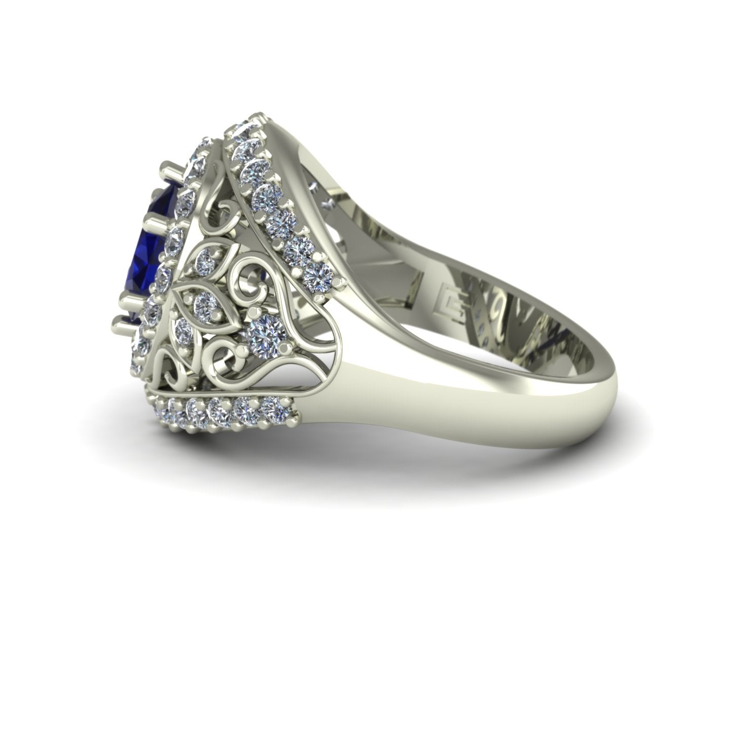 oval blue sapphire and diamond dome ring in 14k white gold - Charles Babb Designs - side view