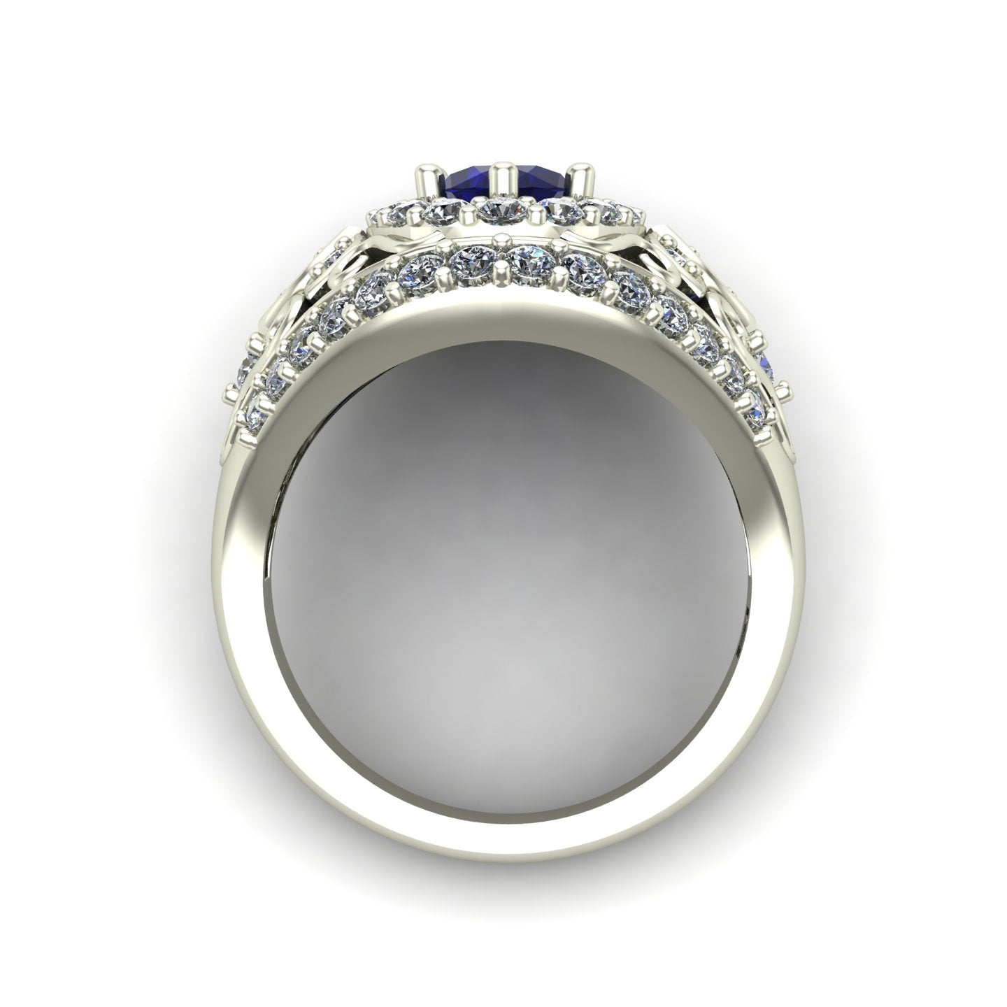 oval blue sapphire and diamond dome ring in 14k white gold - Charles Babb Designs - through finger view
