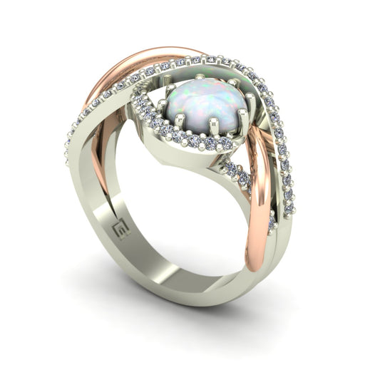 opal and diamond two tone abstract ring in 14k rose and white gold - Charles Babb Designs