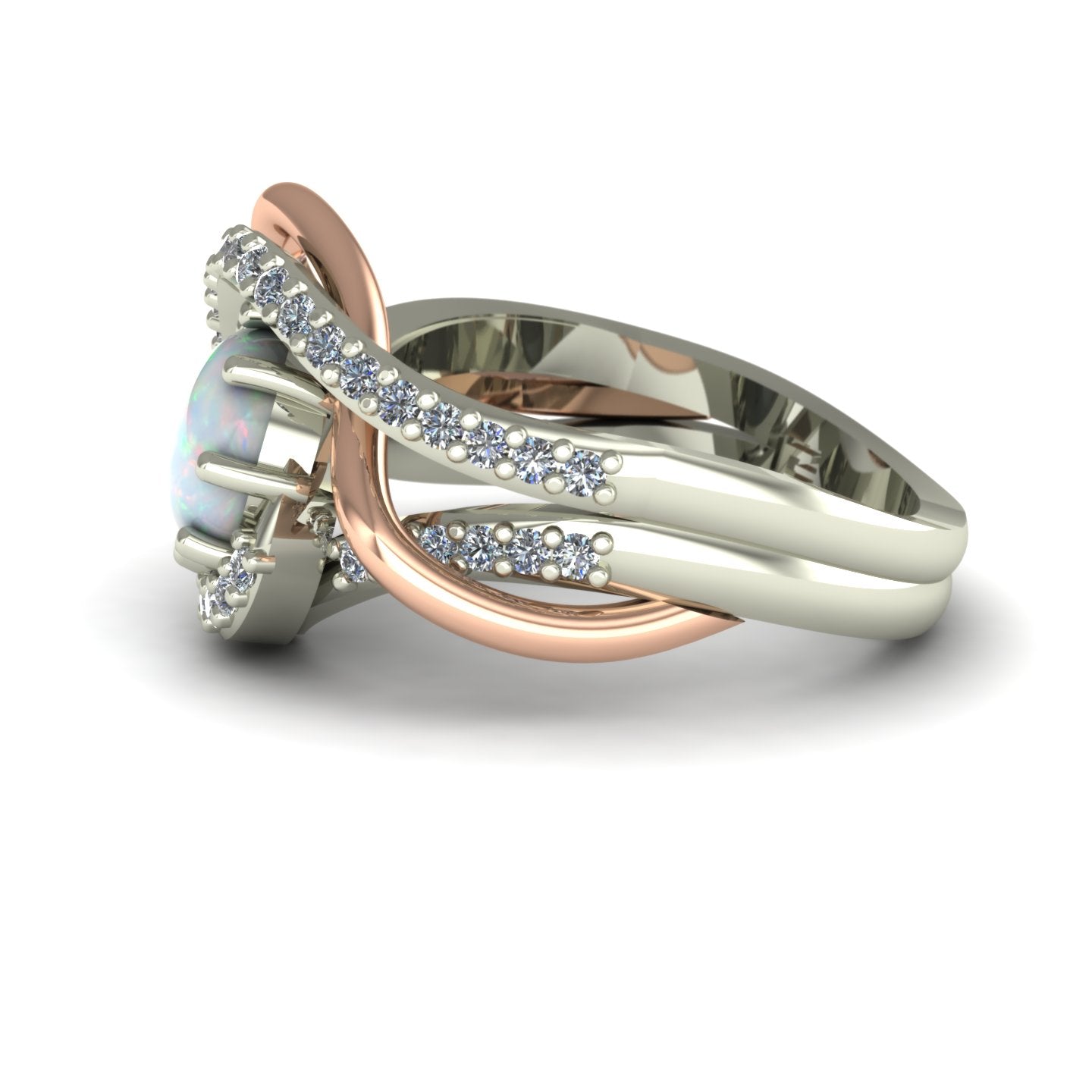 opal and diamond two tone abstract ring in 14k rose and white gold - Charles Babb Designs - side view