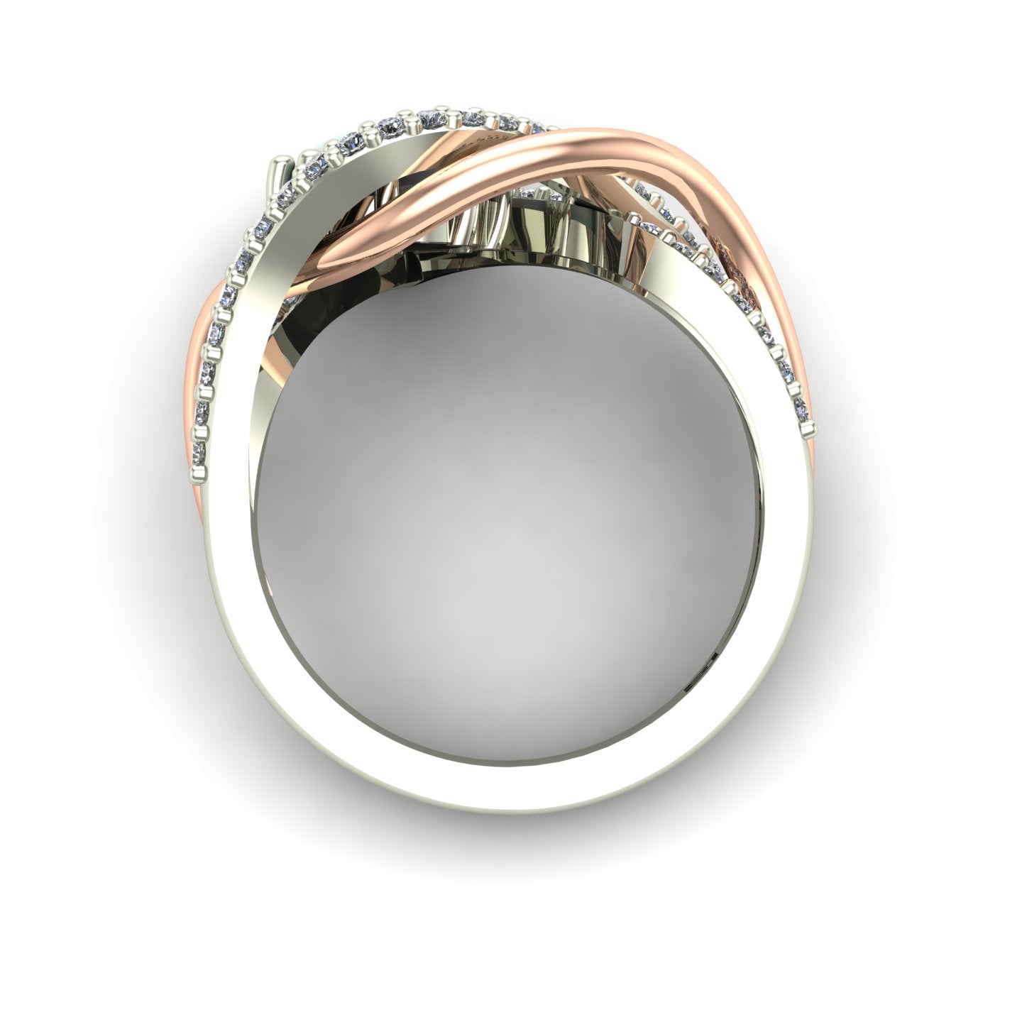 opal and diamond two tone abstract ring in 14k rose and white gold - Charles Babb Designs - through finger view