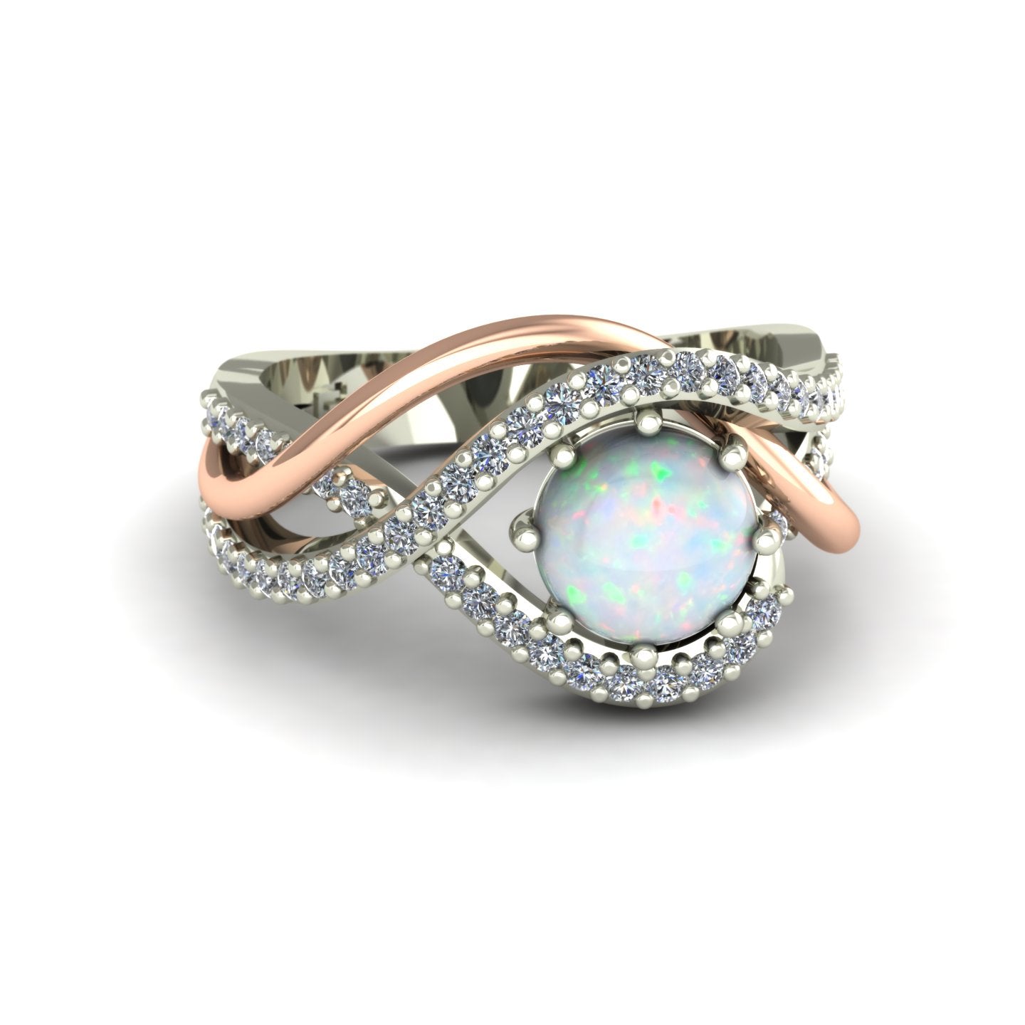 opal and diamond two tone abstract ring in 14k rose and white gold - Charles Babb Designs - top view