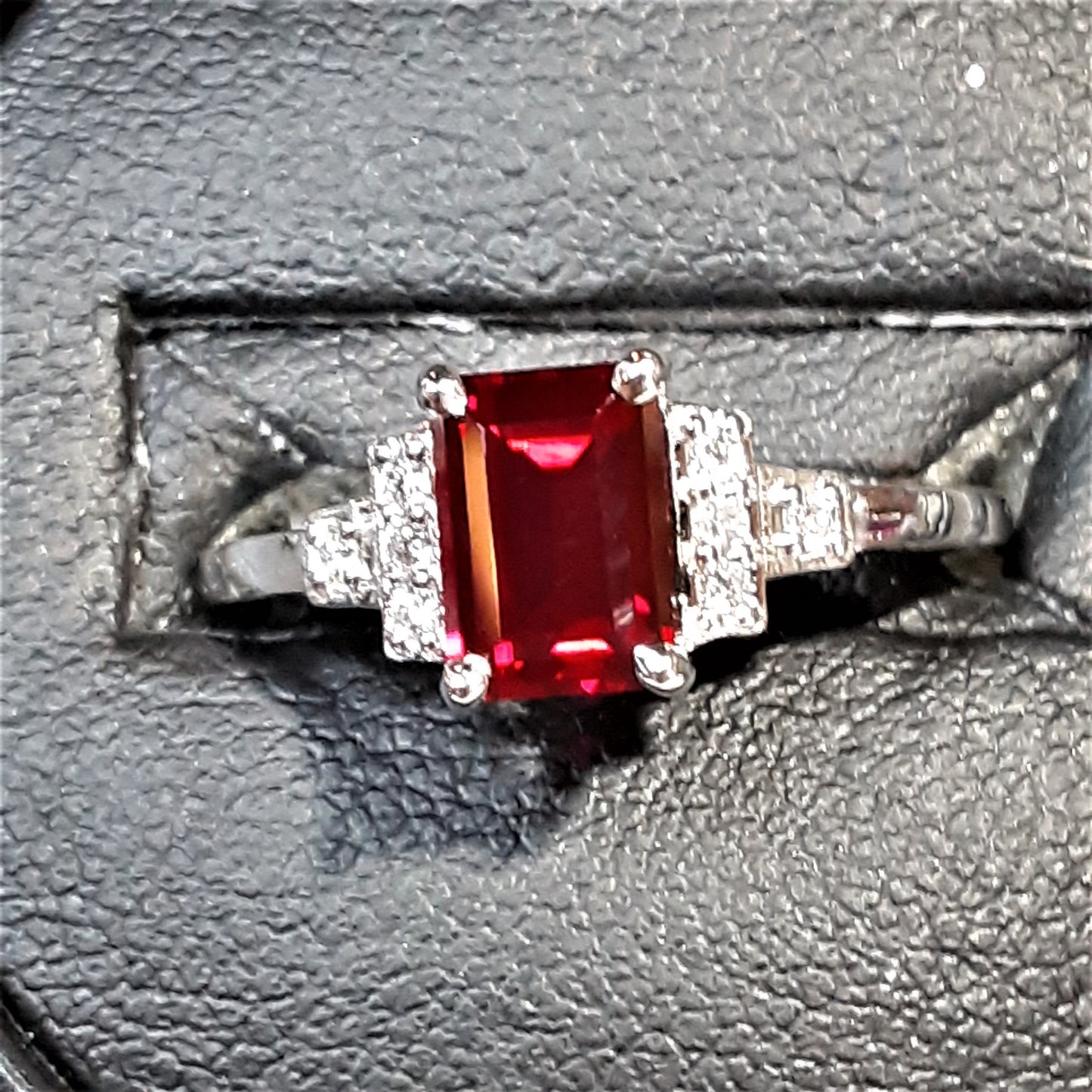 Ready to ship lab created ruby and diamond emerald cut ring in 14k white gold