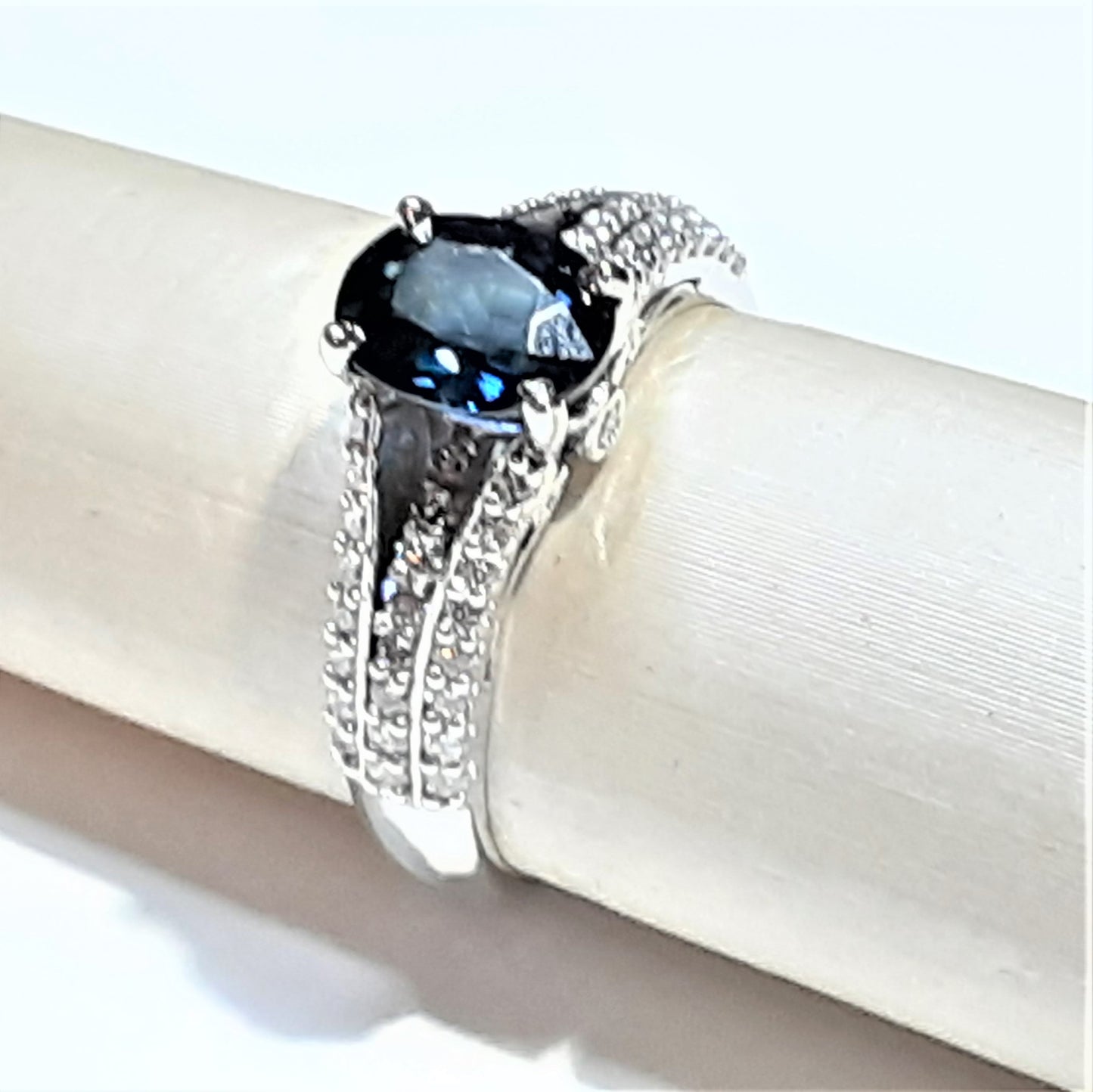 Ready to ship Blue sapphire and diamond oval split shank ring in 14k white gold