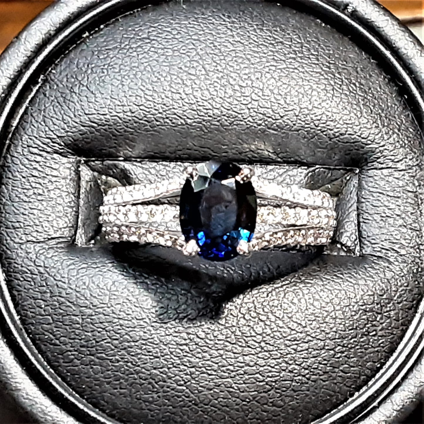 Ready to ship Blue sapphire and diamond oval split shank ring in 14k white gold