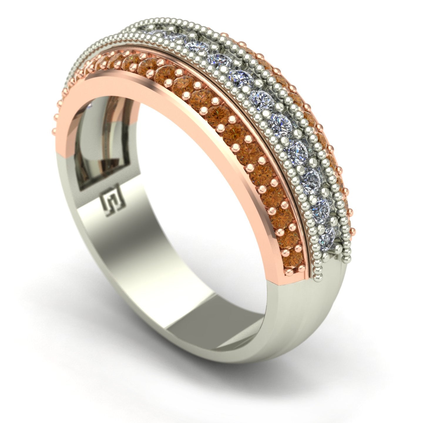 White and cognac diamond band in 14k white and rose gold