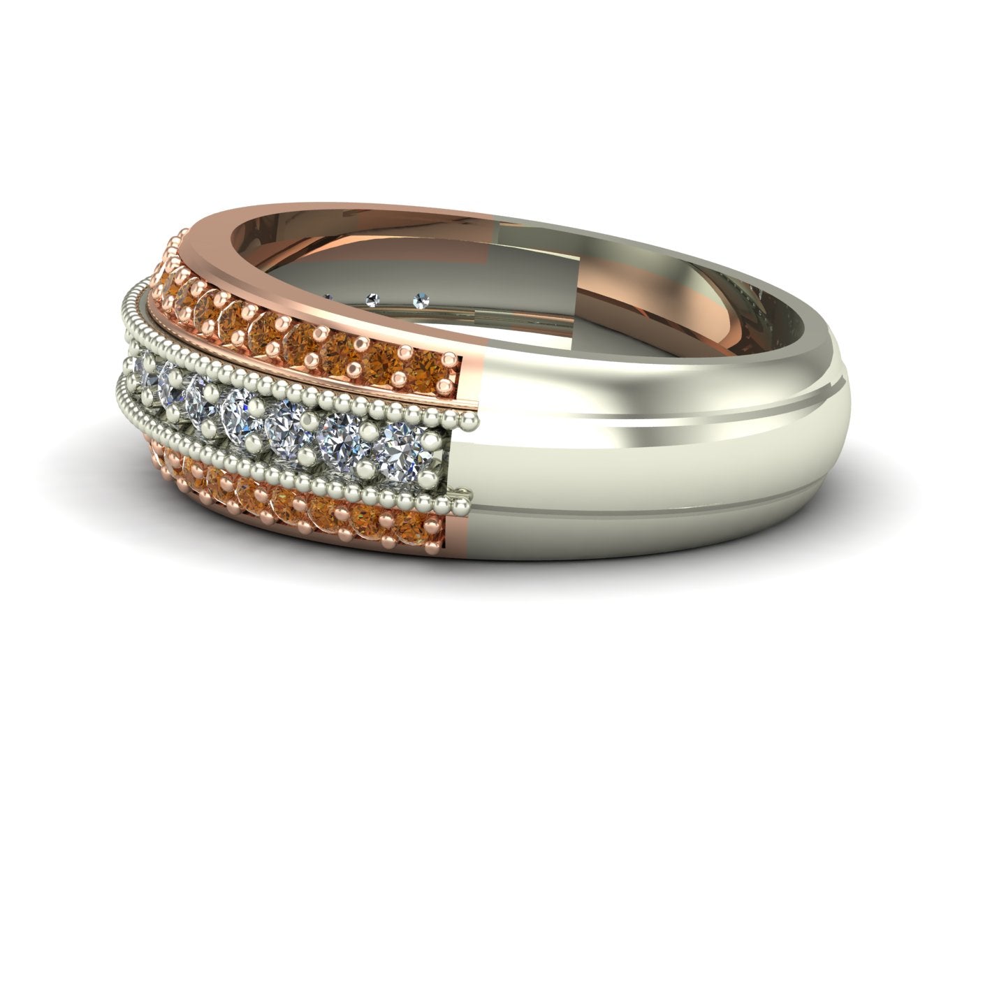 White and cognac diamond band in 14k white and rose gold