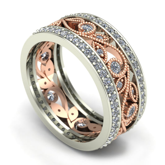 Diamond floral wedding band two tone leaf vine in 14k rose and white gold - Charles Babb Designs