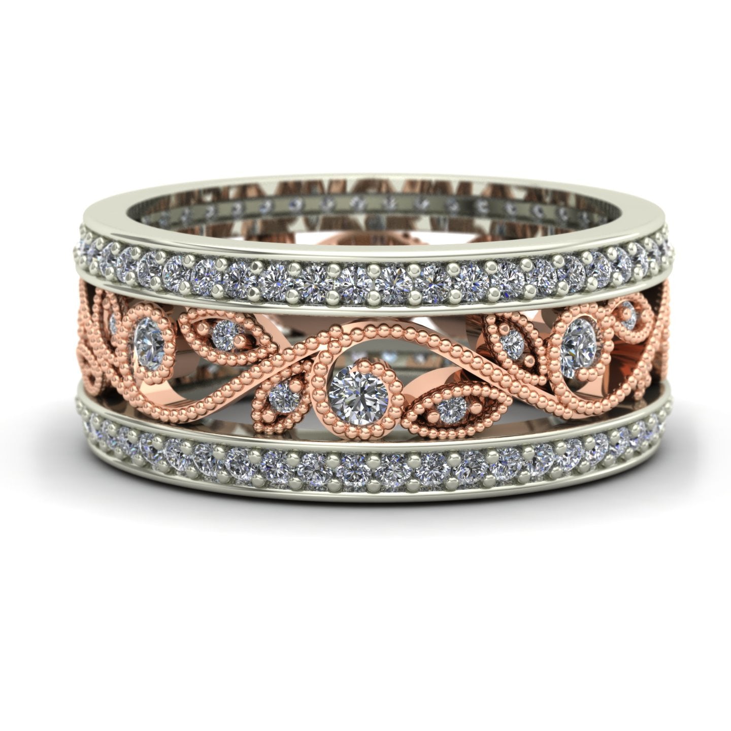 Diamond floral wedding band two tone leaf vine in 14k rose and white gold - Charles Babb Designs - top view