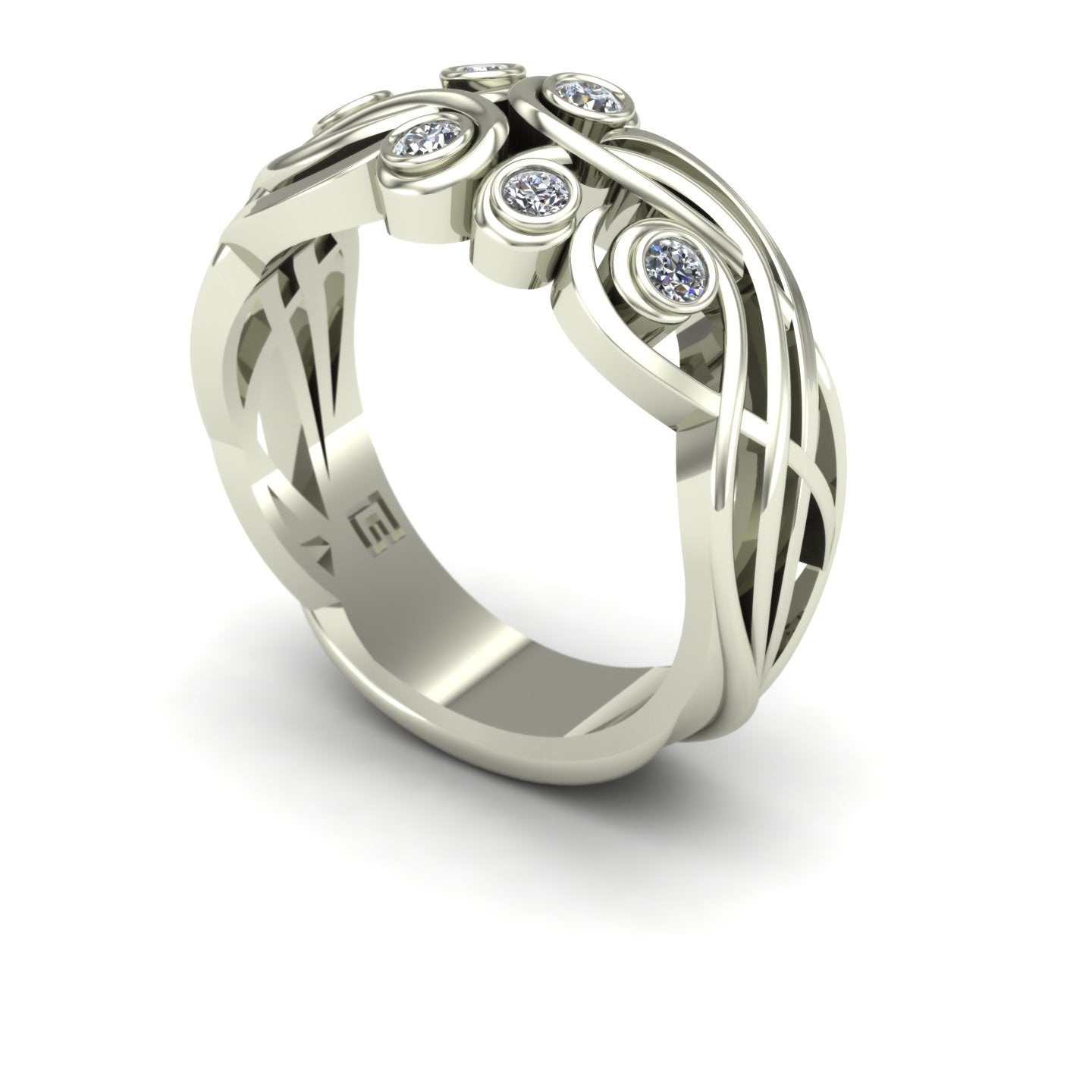 bezel set diamond elf filigree scroll wedding band 14k white gold - Charles Babb Designs