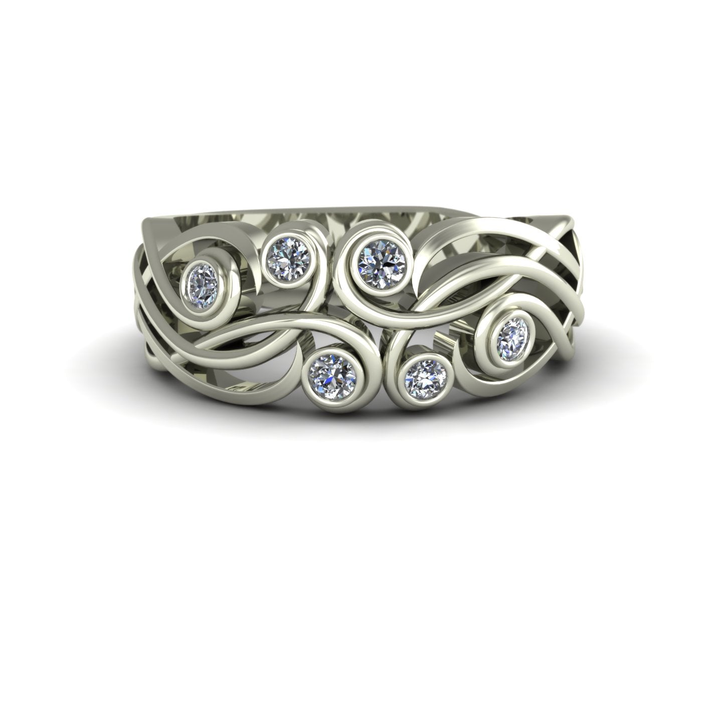 bezel set diamond elf filigree scroll wedding band 14k white gold - Charles Babb Designs - top view