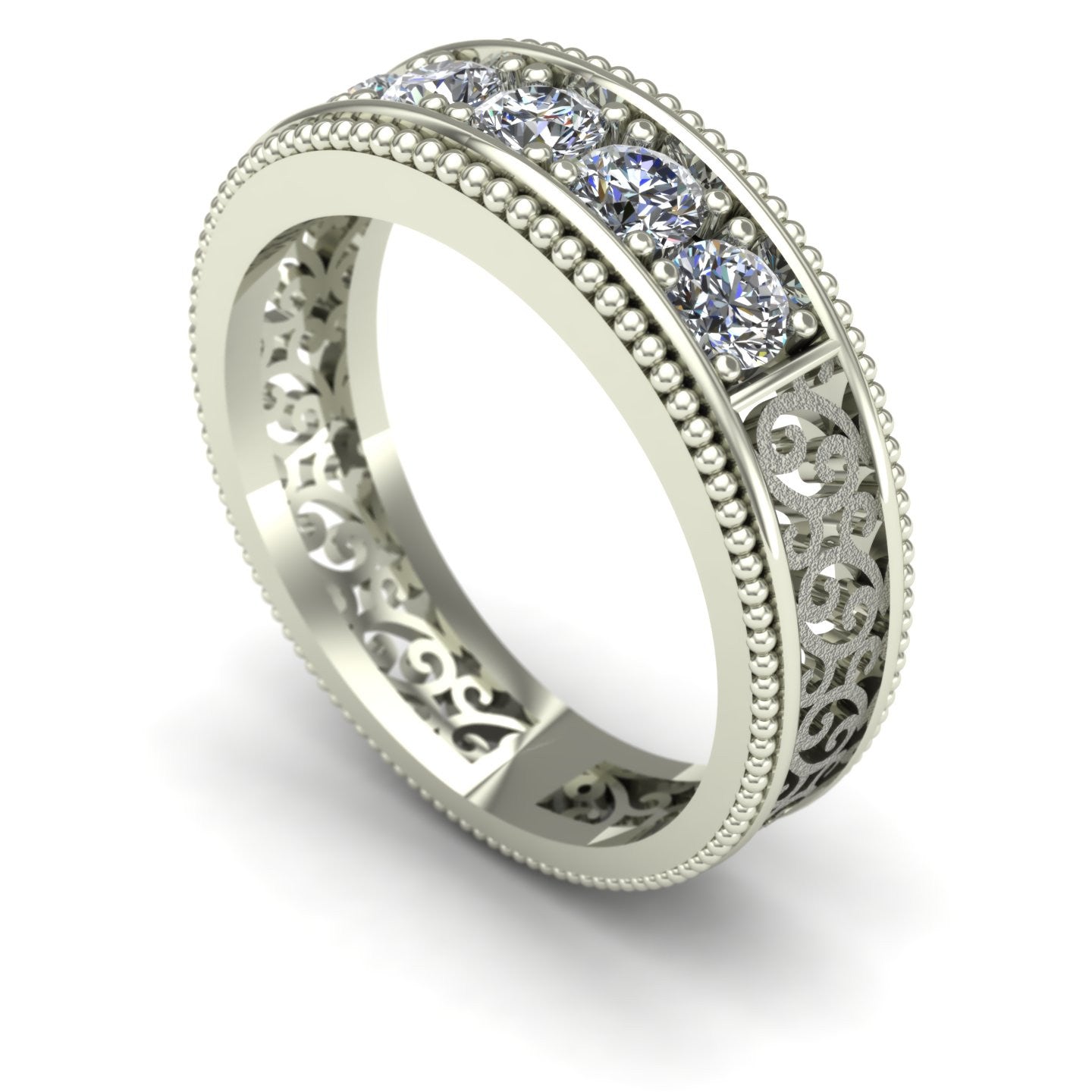 Sandblasted Scroll Filigree one carat Diamond Wedding Band in 14k White Gold - Charles Babb Designs