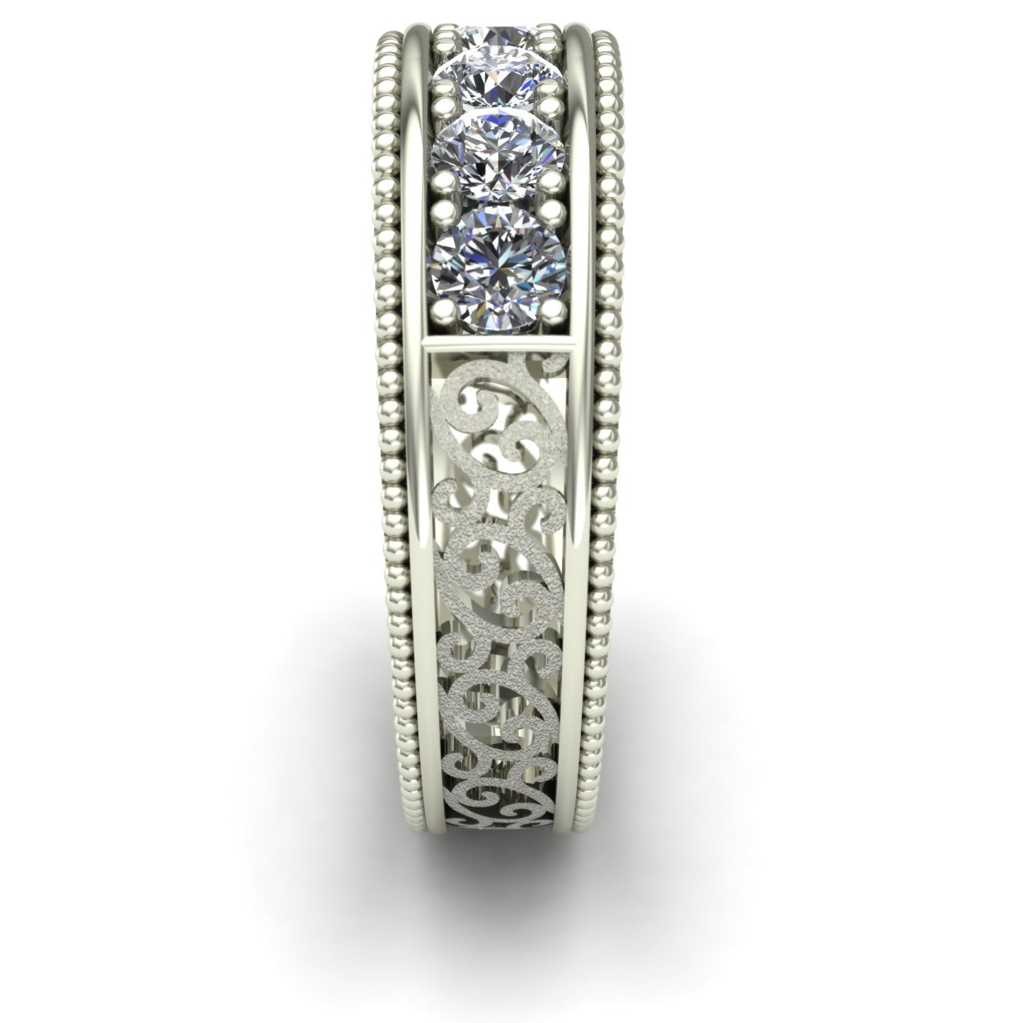 Sandblasted Scroll Filigree one carat Diamond Wedding Band in 14k White Gold - Charles Babb Designs - side view