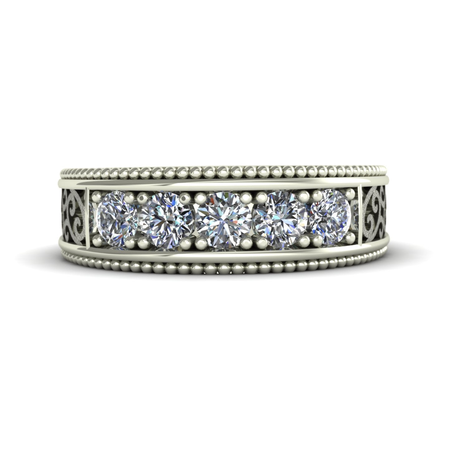 Sandblasted Scroll Filigree one carat Diamond Wedding Band in 14k White Gold - Charles Babb Designs - top view
