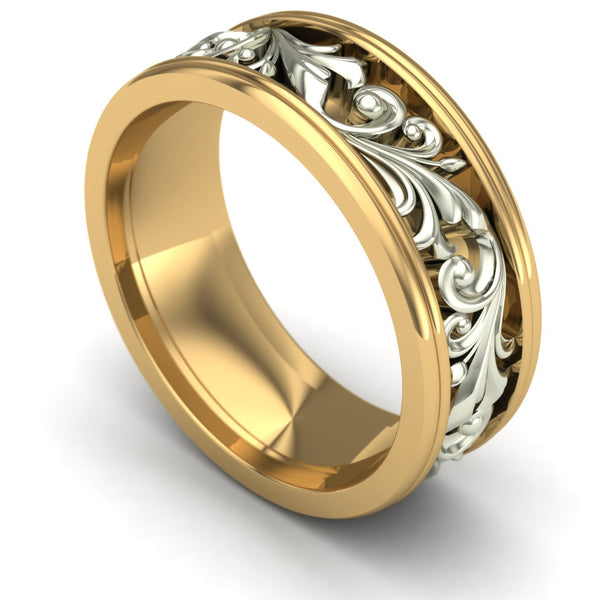 Gents Wide Two Tone Scroll Wedding Band in 14k Yellow and White Gold