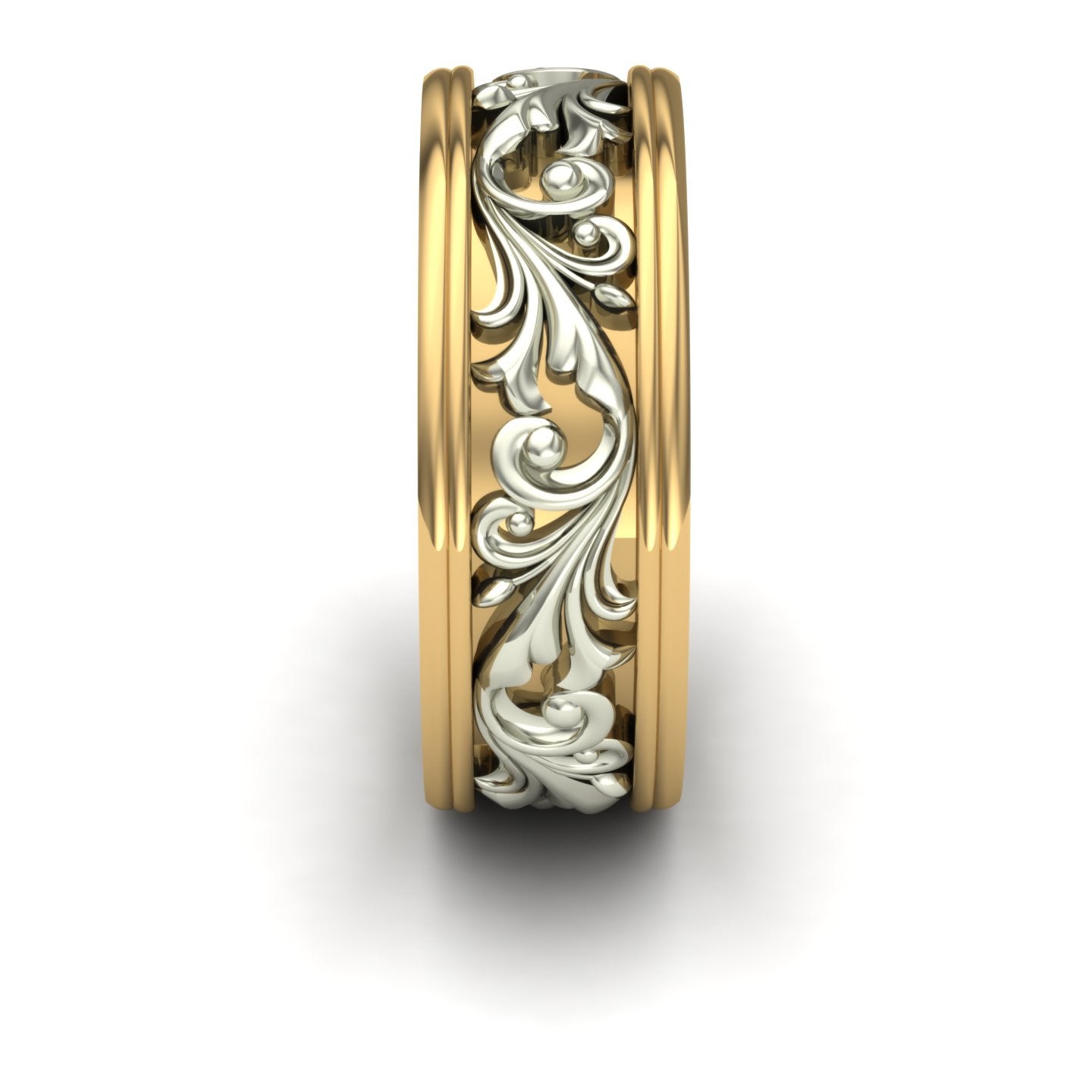 gents wide two tone scroll wedding band in 14k yellow and white gold - Charles Babb Designs - side view