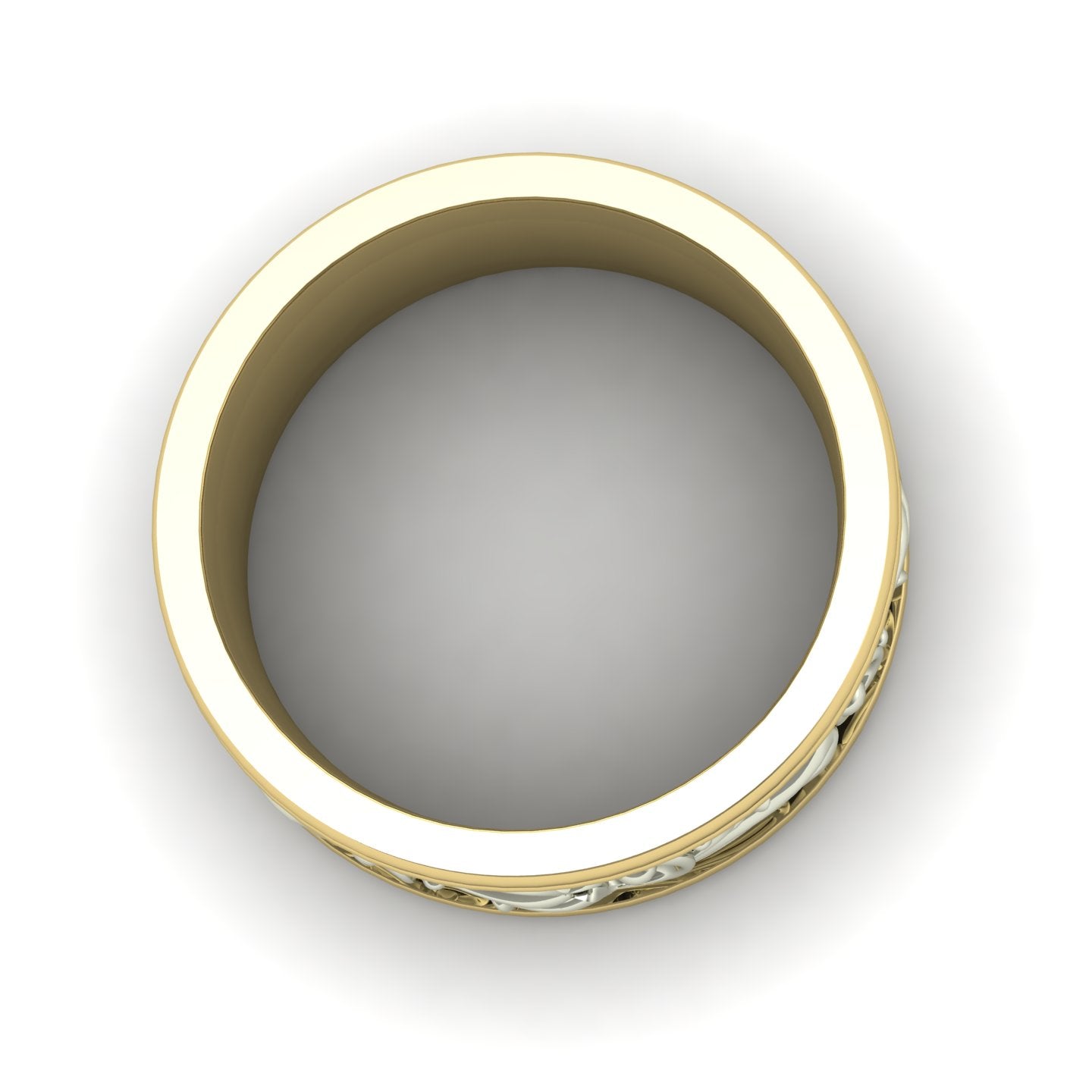 gents wide two tone scroll wedding band in 14k yellow and white gold - Charles Babb Designs - through finger view