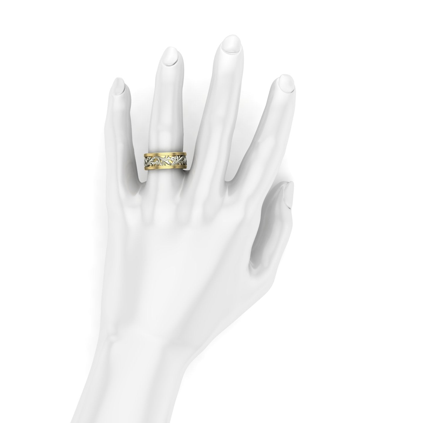 ladies wide two tone scroll wedding band in 14k yellow and white gold - Charles Babb Designs - on hand