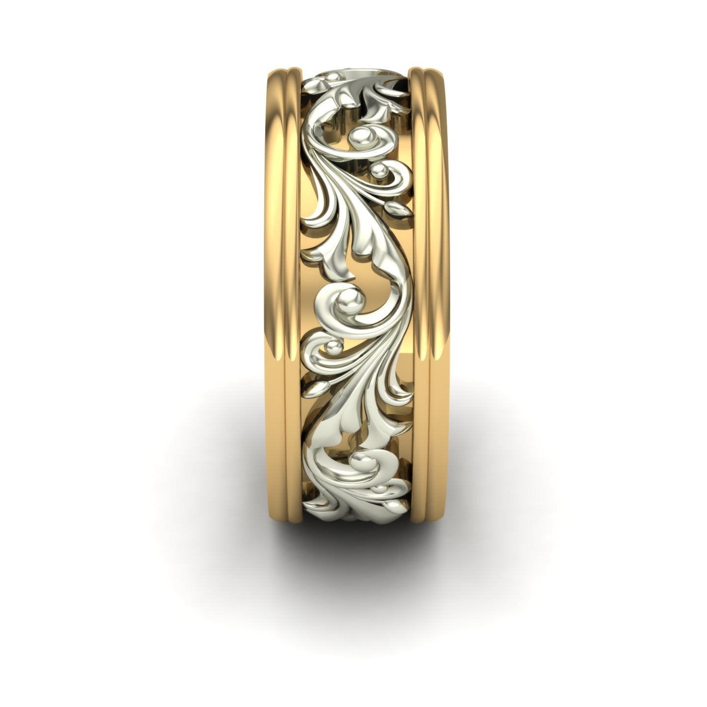 ladies wide two tone scroll wedding band in 14k yellow and white gold - Charles Babb Designs - side view