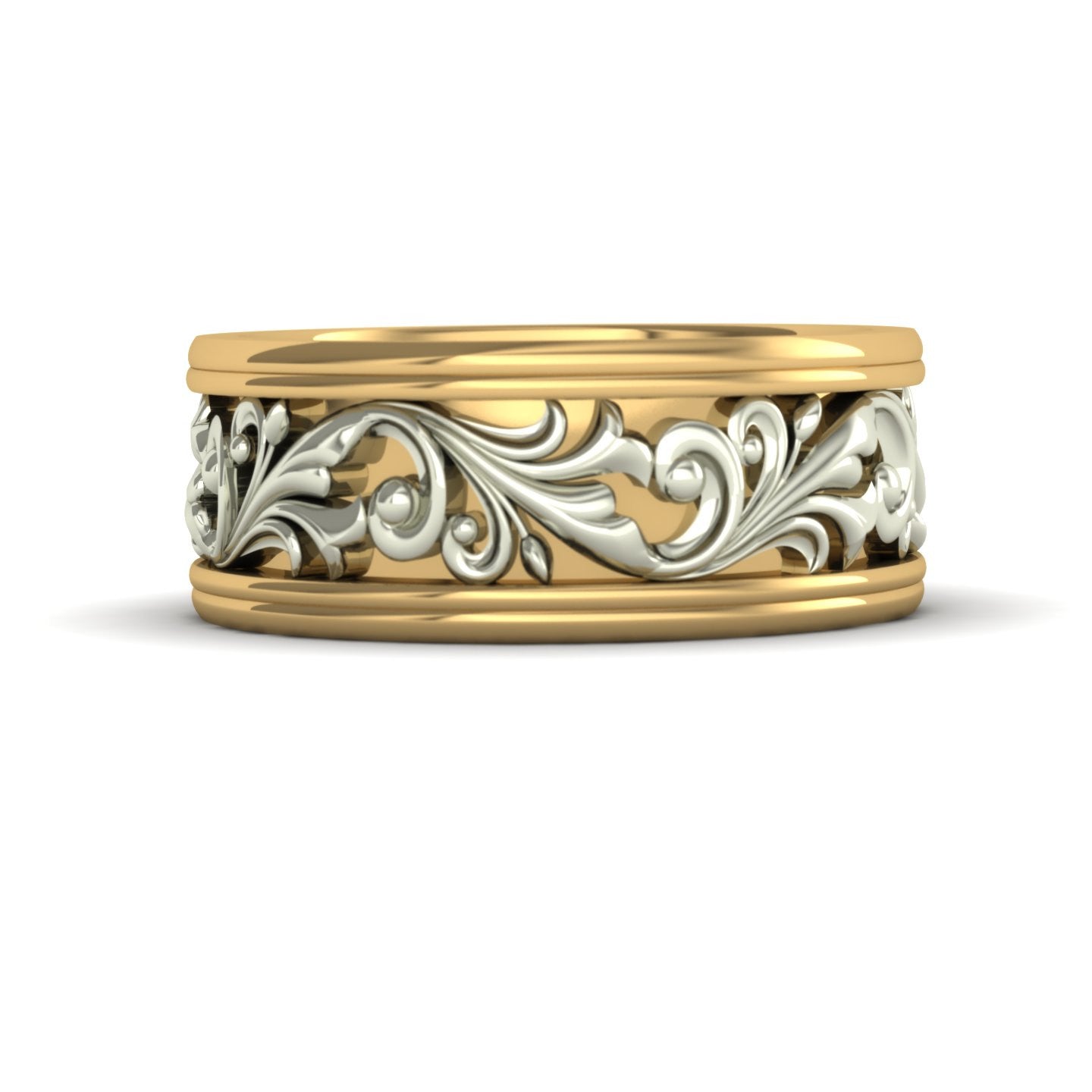 ladies wide two tone scroll wedding band in 14k yellow and white gold - Charles Babb Designs - top view