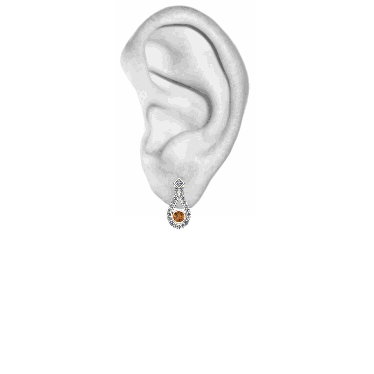 bezel set cognac diamond two tone earrings in 14k rose and white gold - Charles Babb Designs - on ear
