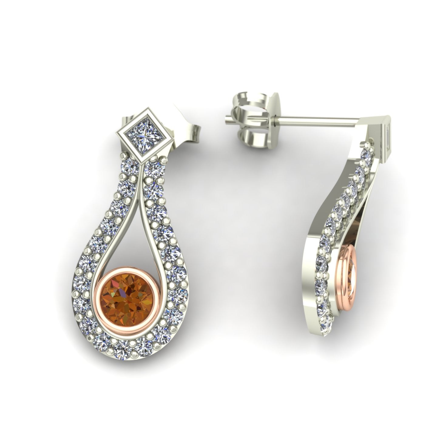 bezel set cognac diamond two tone earrings in 14k rose and white gold - Charles Babb Designs - 2