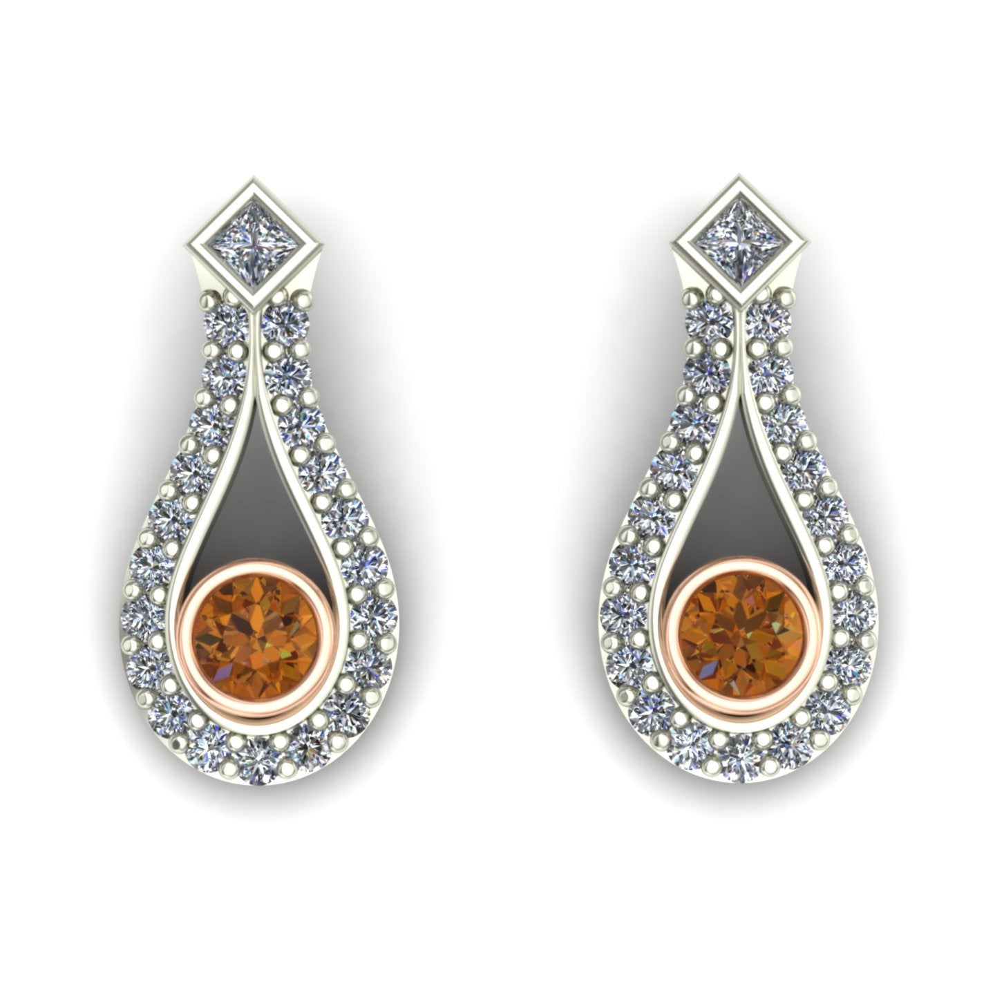 bezel set cognac diamond two tone earrings in 14k rose and white gold - Charles Babb Designs