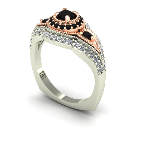 Black diamond two tone engagement ring in 14k white and rose gold