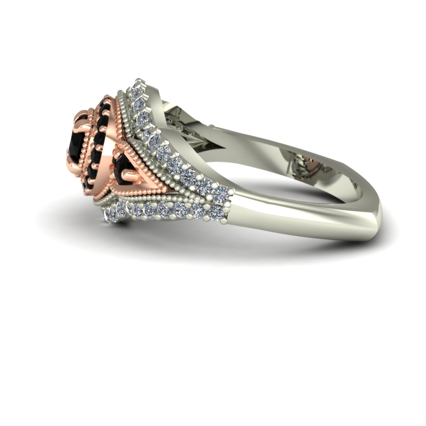 Black diamond two tone engagement ring in 14k white and rose gold - Charles Babb Designs - side view