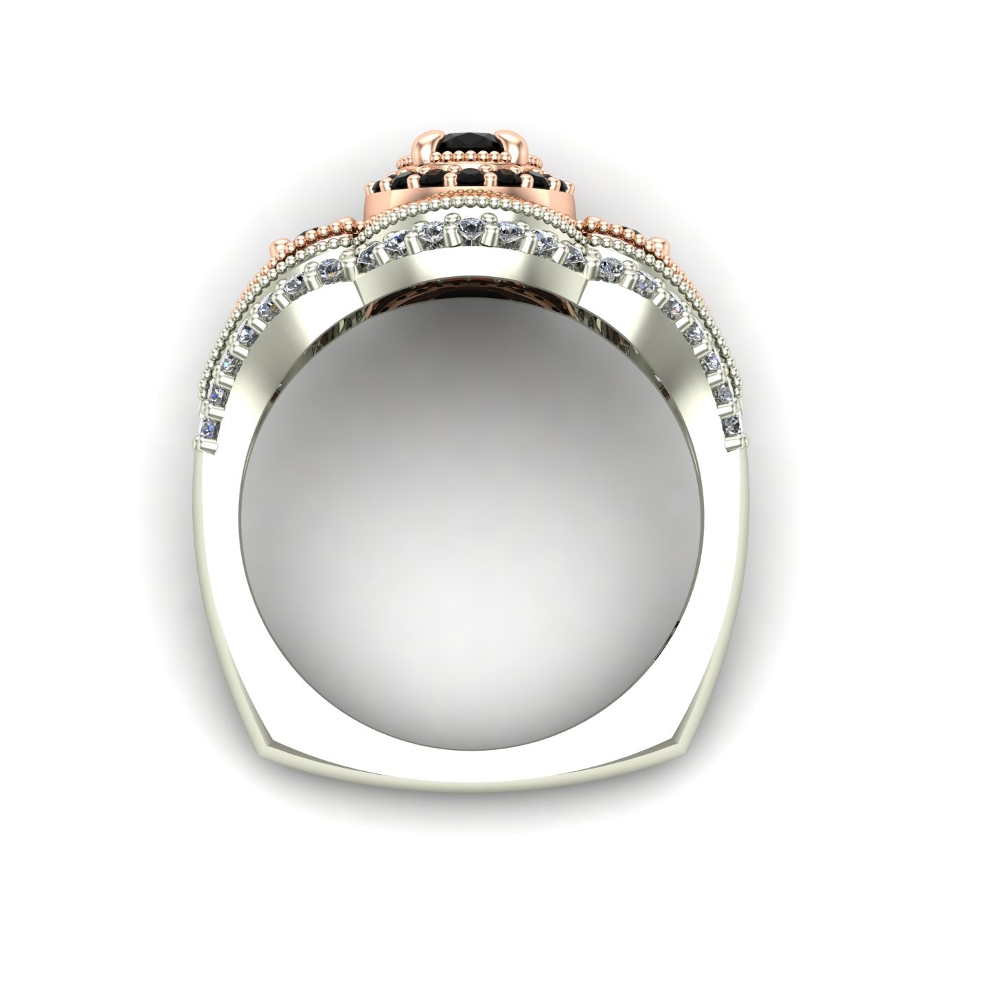 Black diamond two tone engagement ring in 14k white and rose gold - Charles Babb Designs - through finger view