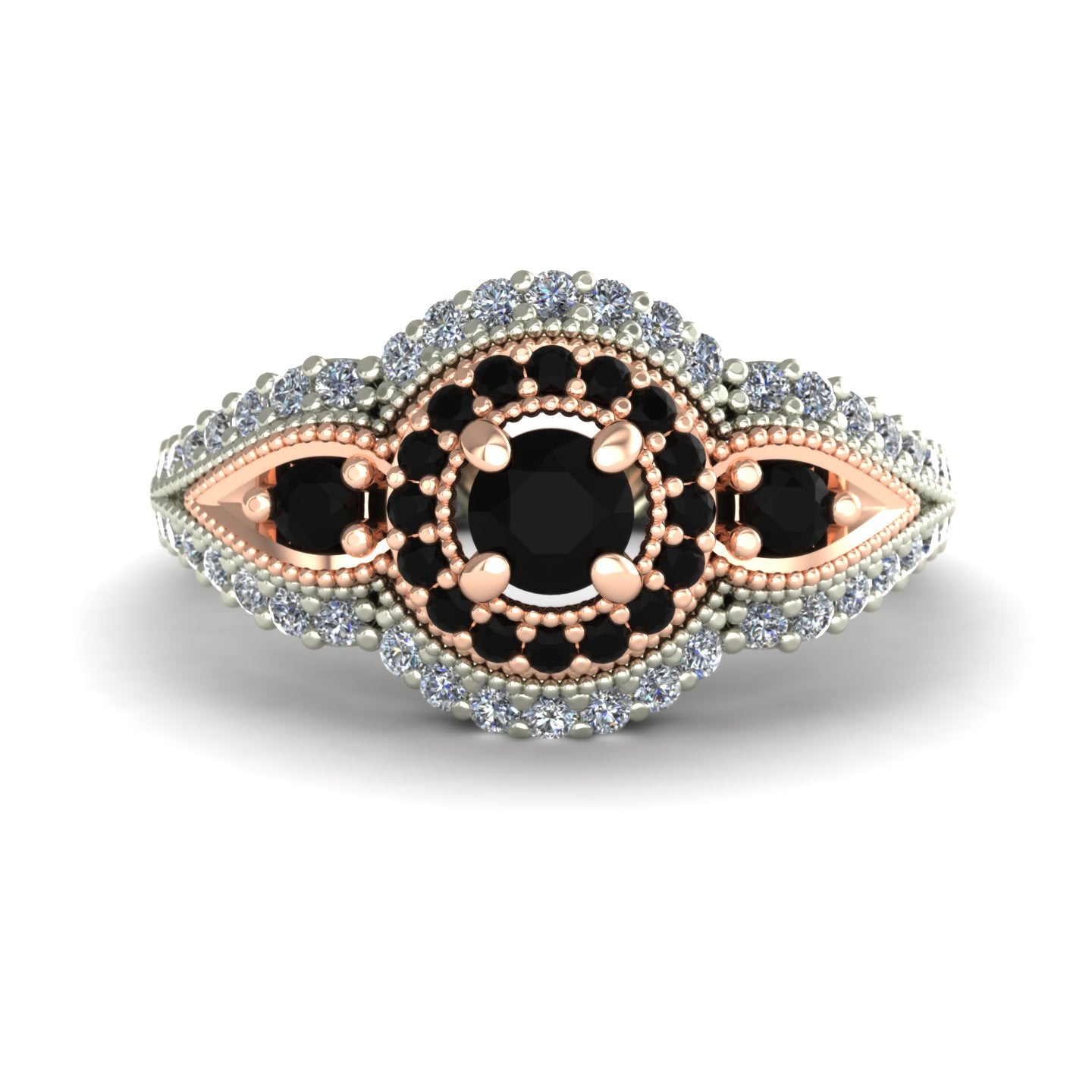Black diamond two tone engagement ring in 14k white and rose gold - Charles Babb Designs - top view
