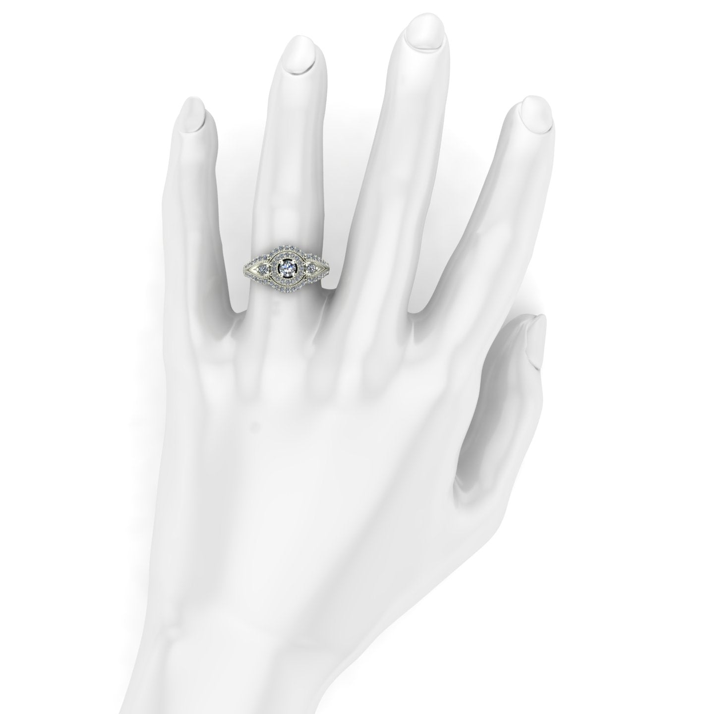 Diamond halo engagement ring with diamond border in 14k white gold - Charles Babb Designs - on hand