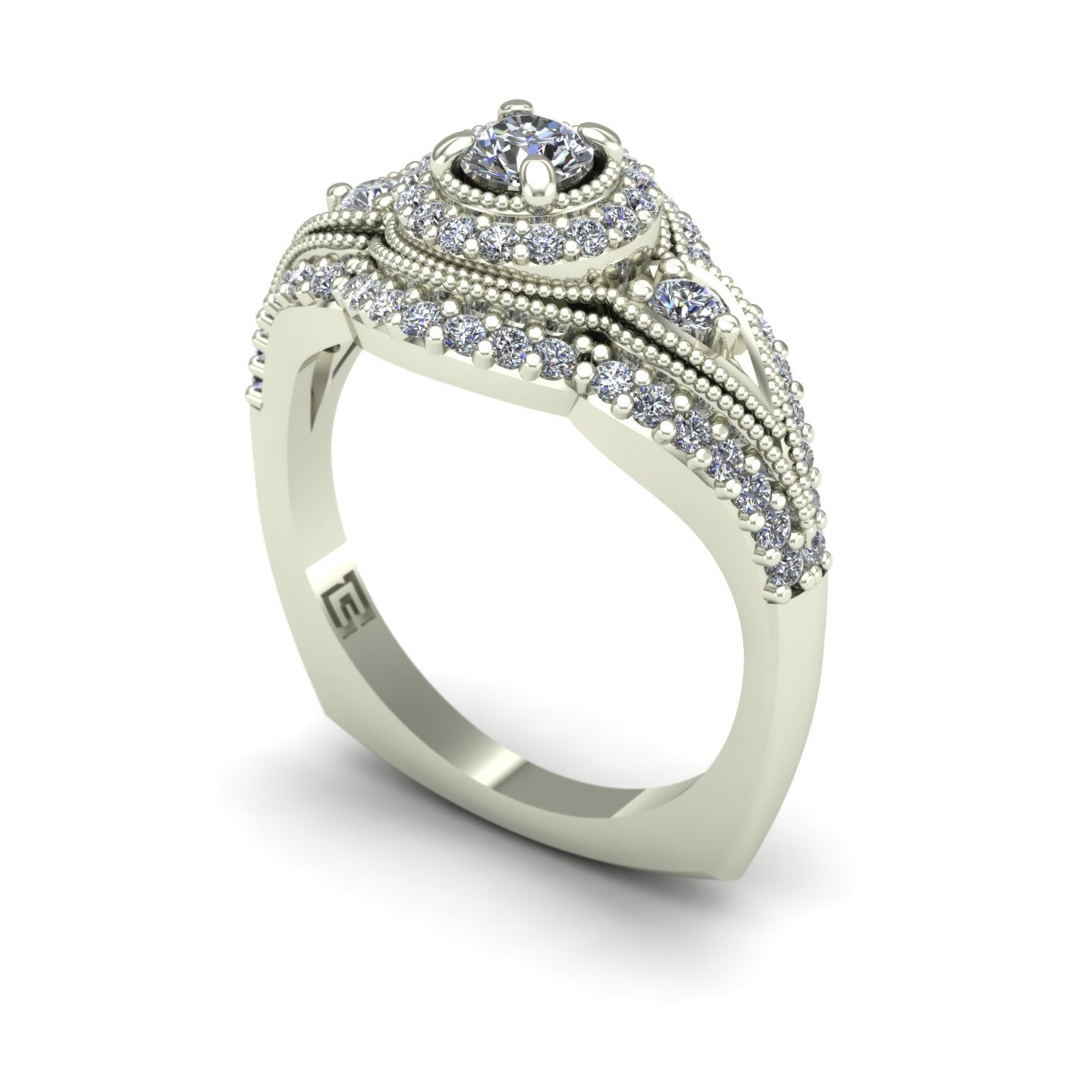 Diamond halo engagement ring with diamond border in 14k white gold