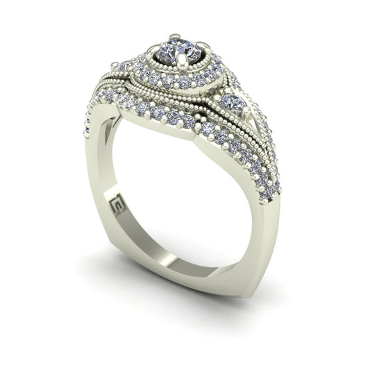 Diamond halo engagement ring with diamond border in 14k white gold - Charles Babb Designs