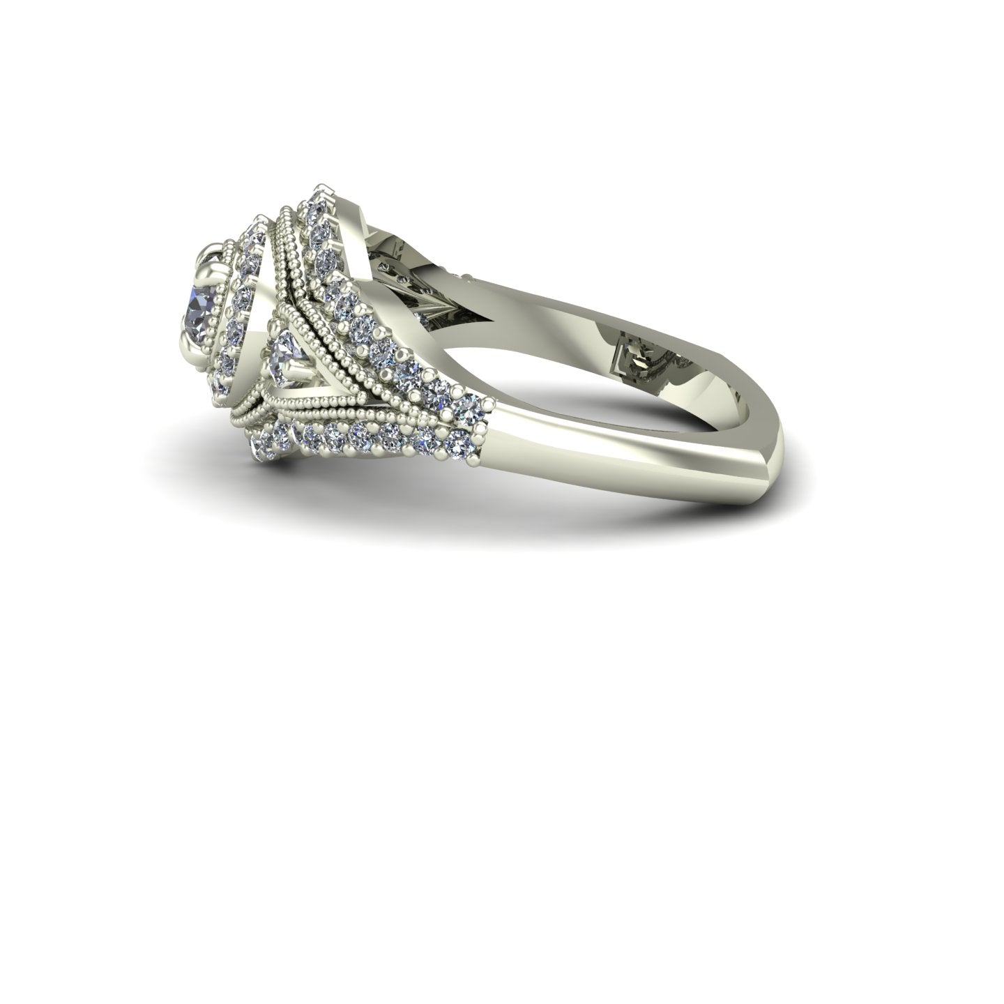 Diamond halo engagement ring with diamond border in 14k white gold - Charles Babb Designs - side view
