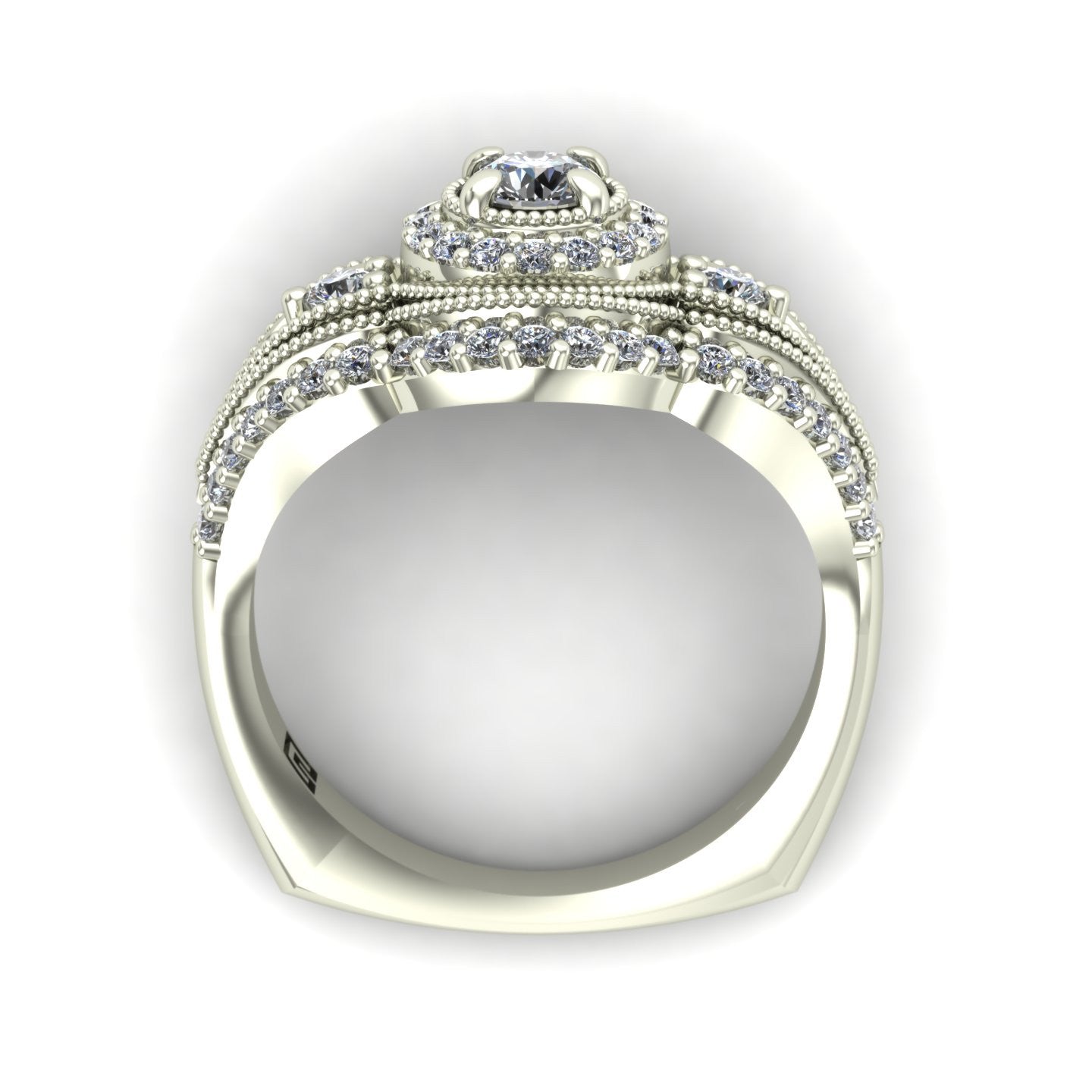Diamond halo engagement ring with diamond border in 14k white gold - Charles Babb Designs - through finger view