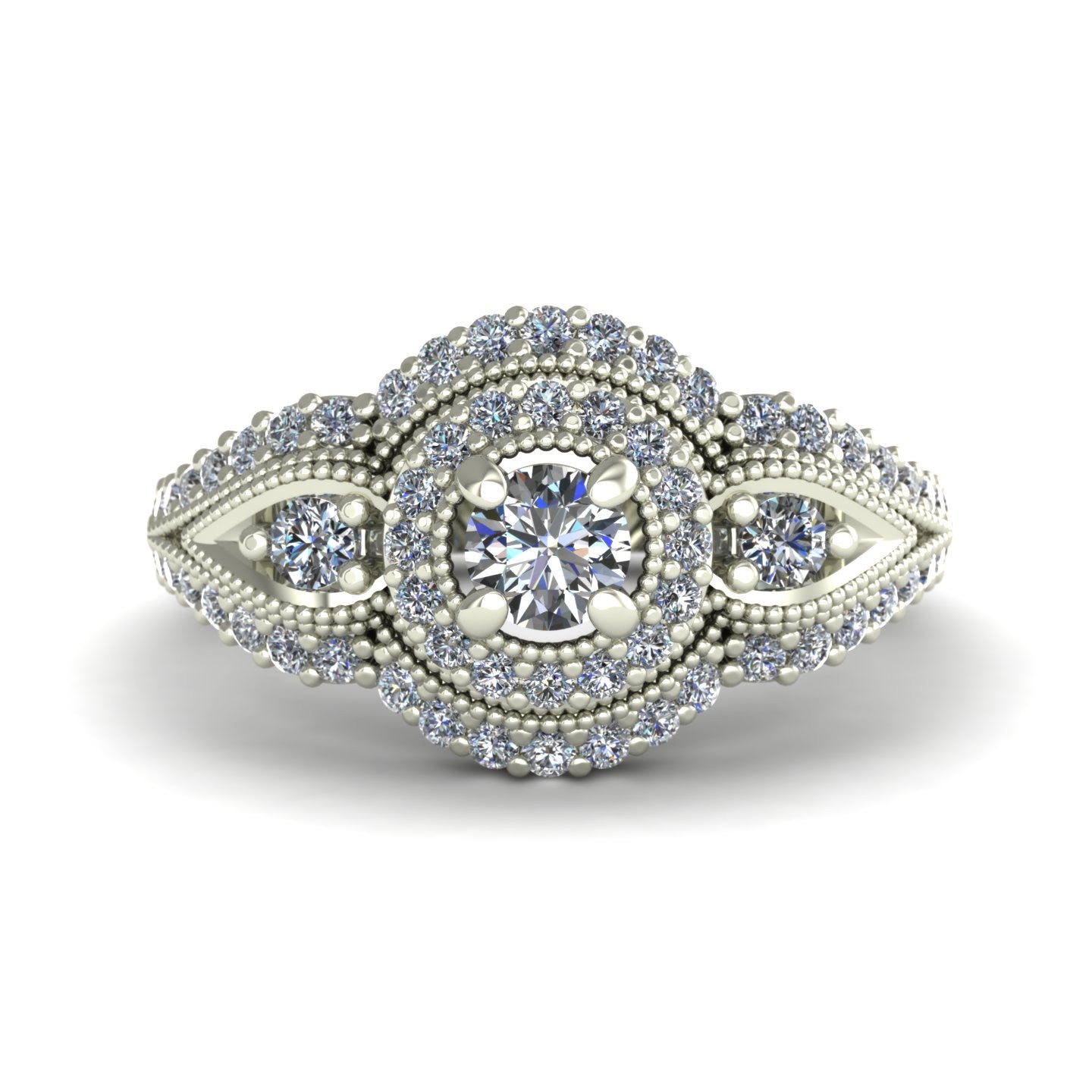 Diamond halo engagement ring with diamond border in 14k white gold - Charles Babb Designs - top view