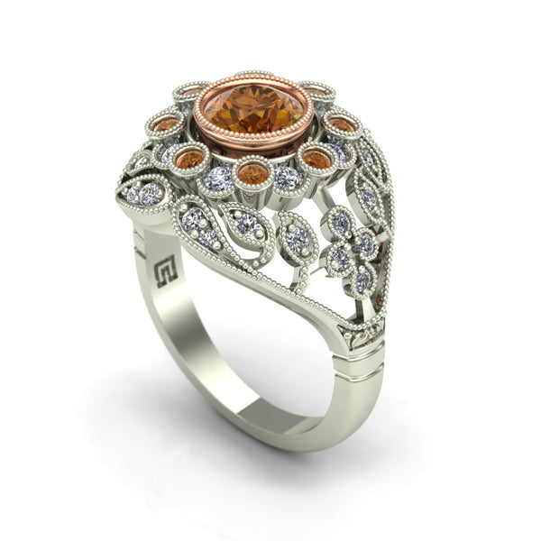 Cognac and white diamond bezel ring in 14k rose and white gold
