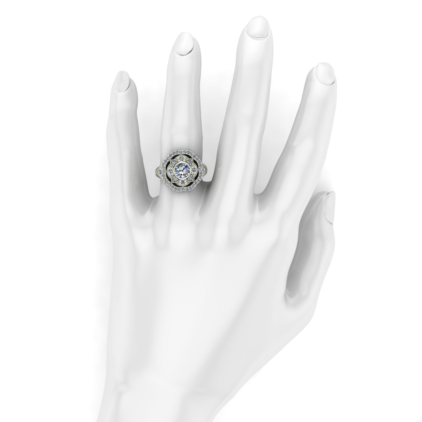 three quarter carat bezel set diamond right hand ring with a vintage look in 14k white gold - Charles Babb Designs - on hand