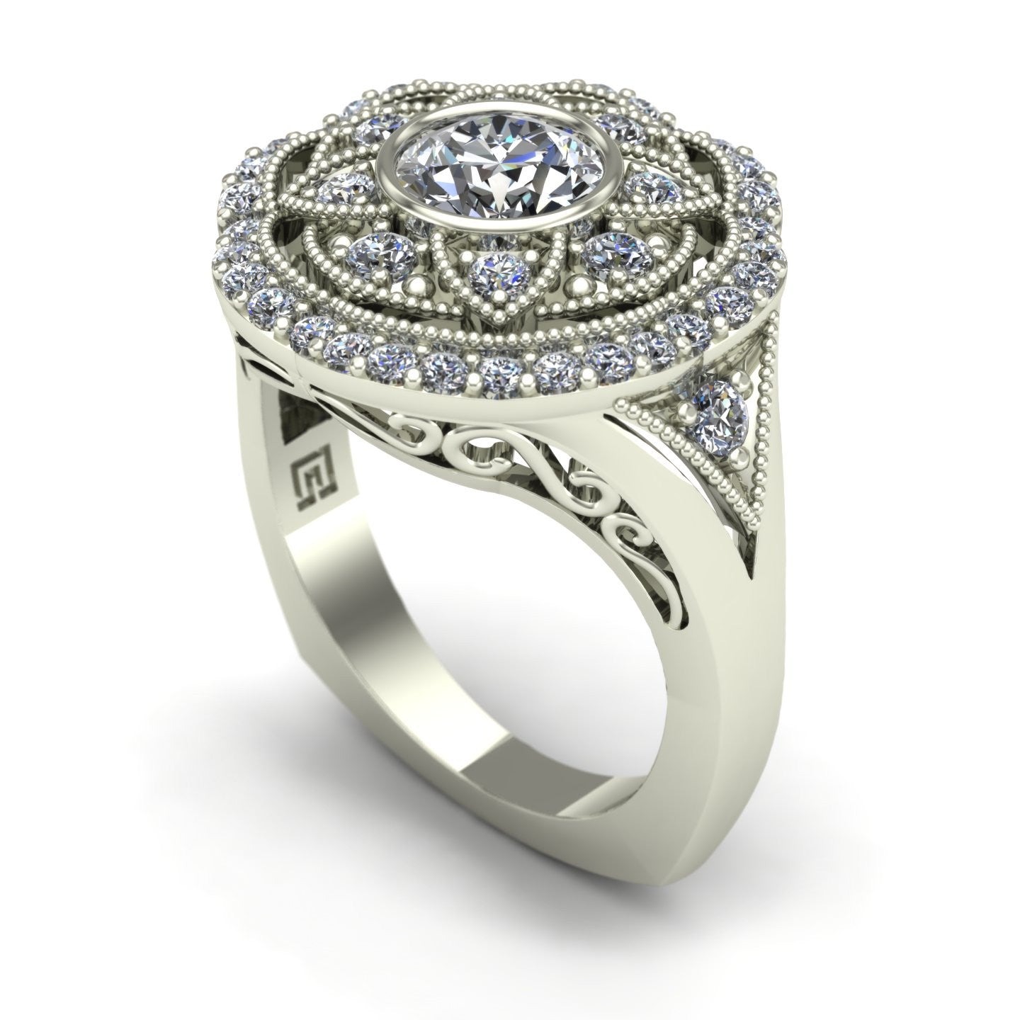 three quarter carat bezel set diamond right hand ring with a vintage look in 14k white gold - Charles Babb Designs