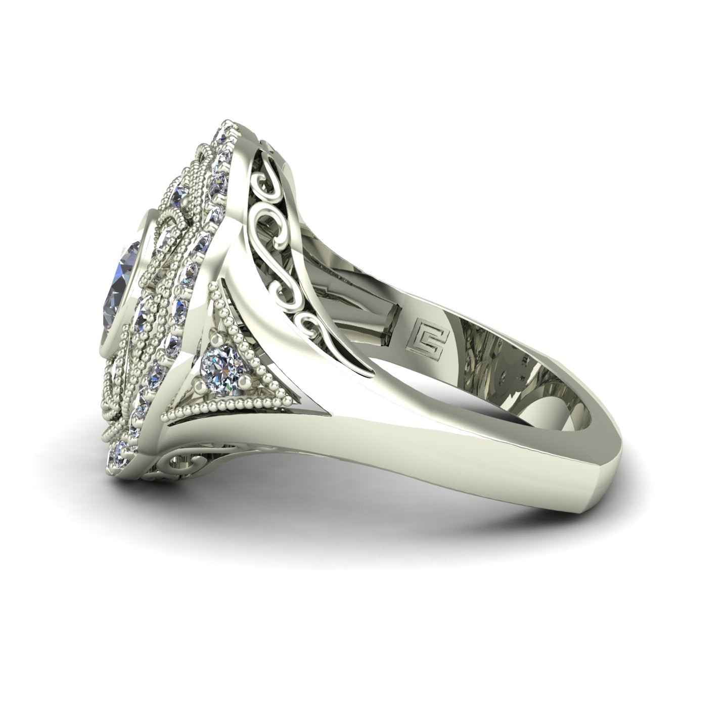 three quarter carat bezel set diamond right hand ring with a vintage look in 14k white gold - Charles Babb Designs - side view