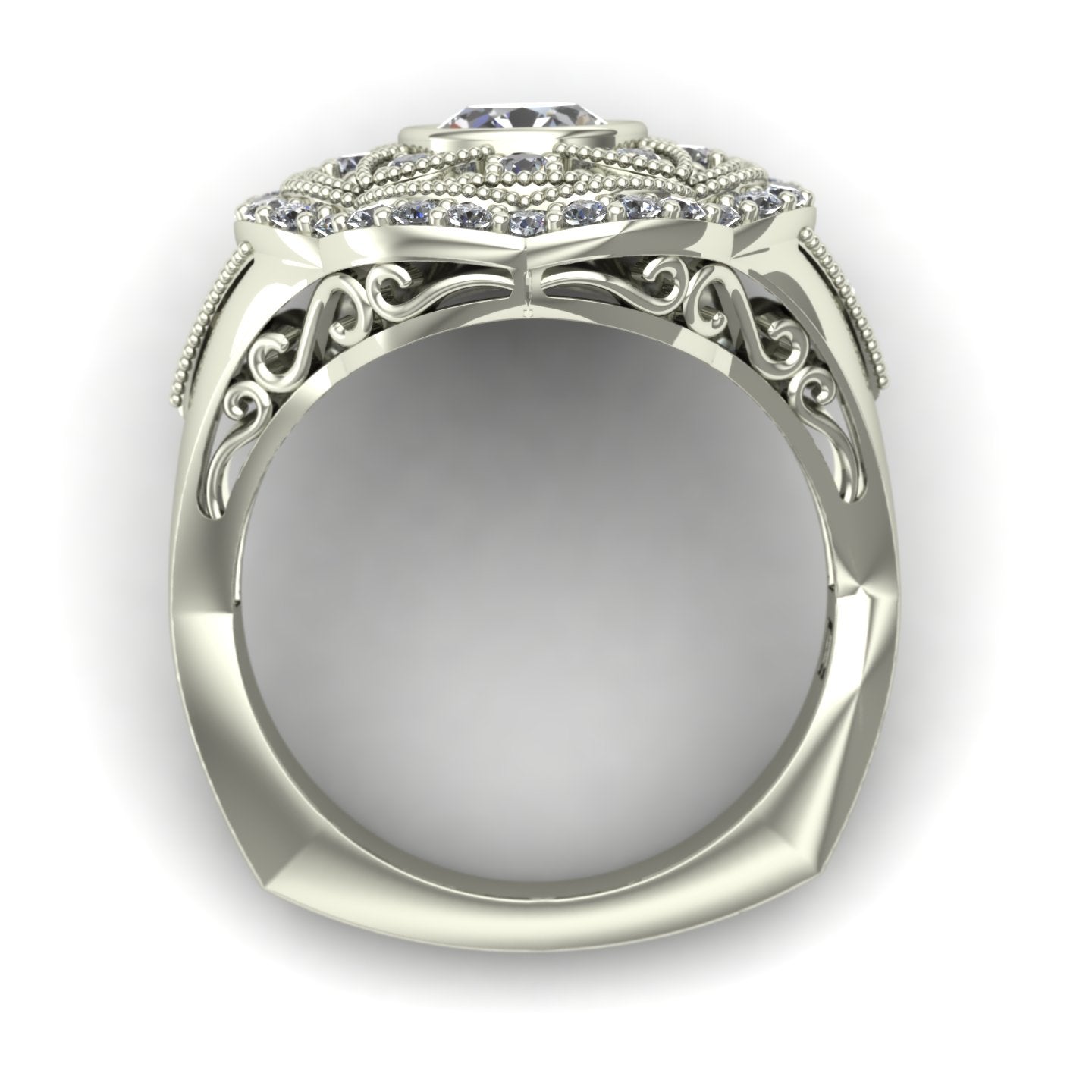 three quarter carat bezel set diamond right hand ring with a vintage look in 14k white gold - Charles Babb Designs - through finger view